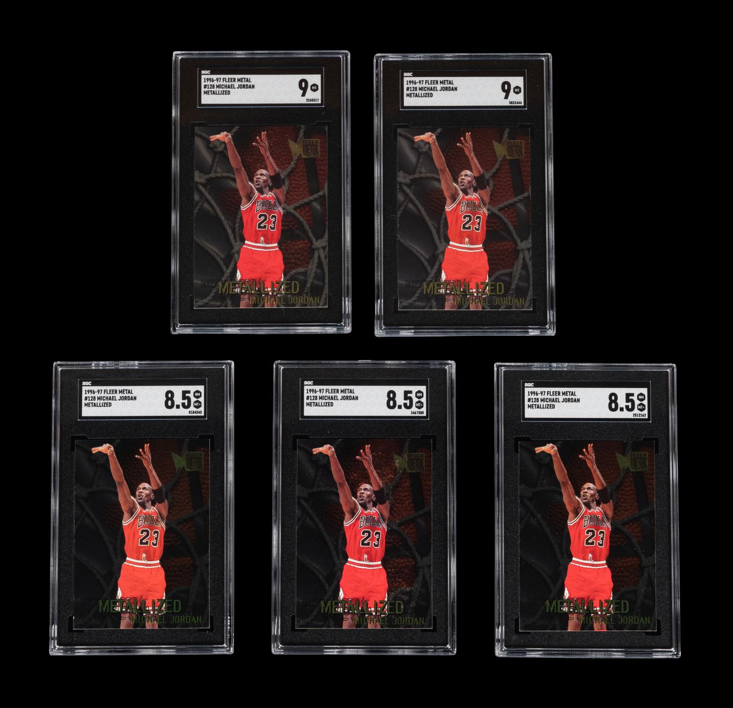 A Group of Five SGC Graded 1996-97 Fleer Metal Metallized Michael Jordan Basketball Cards No. 128,
