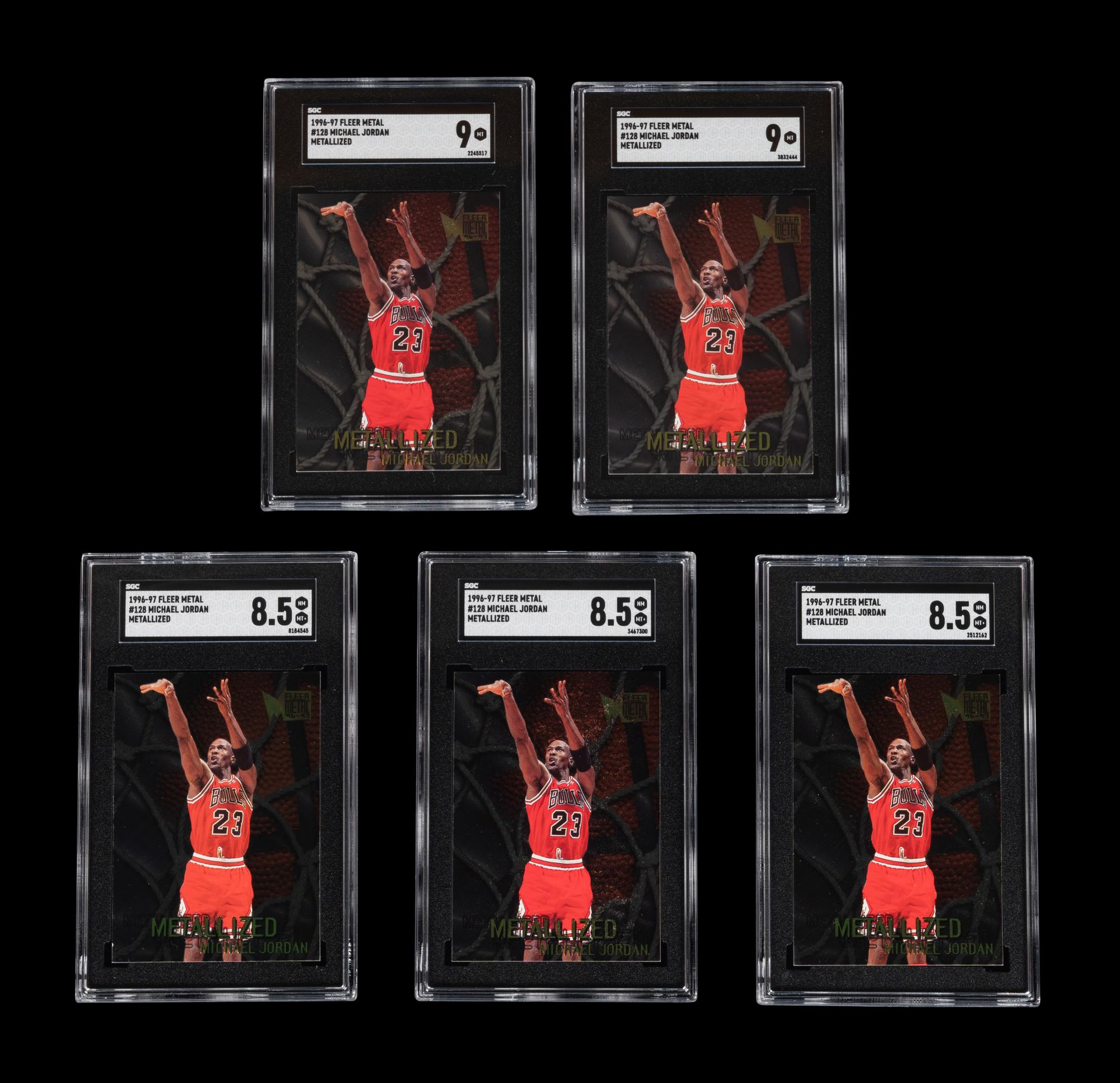 A Group of Five SGC Graded 1996-97 Fleer Metal Metallized Michael Jordan Basketball Cards No. 128,