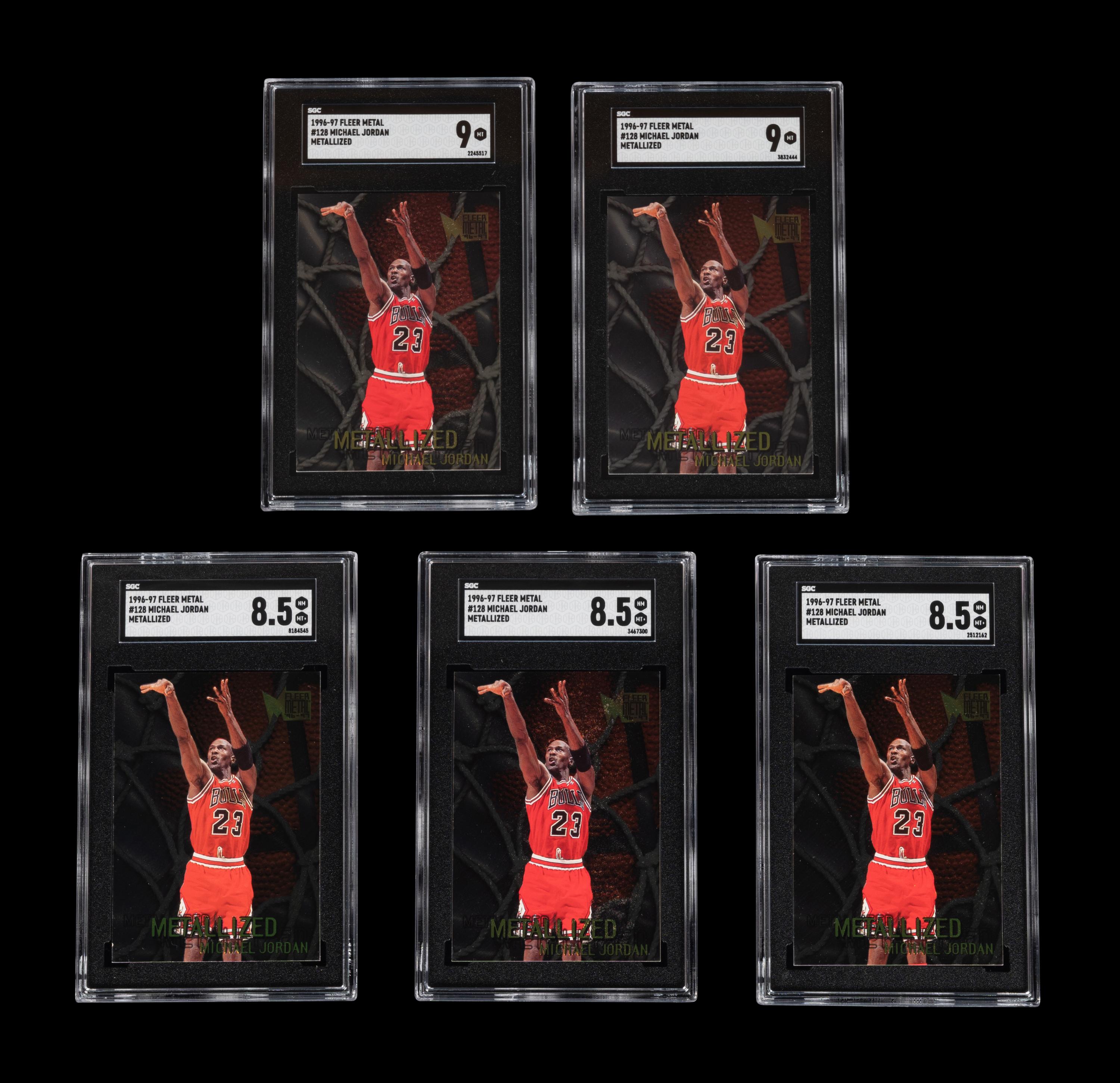A Group of Five SGC Graded 1996-97 Fleer Metal Metallized Michael Jordan Basketball Cards No. 128,