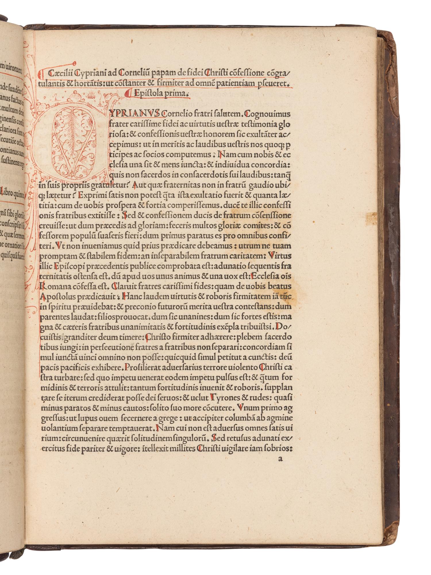 CYPRIANUS, Thascius Caecilius (Saint, Bishop of Carthage, d. 258). Opera . Edited by Johannes Andreas, Bishop of Aleria, and Christoforus de Priolis. Venice : Lucas Dominici F., Venetus, 4 December 1483.