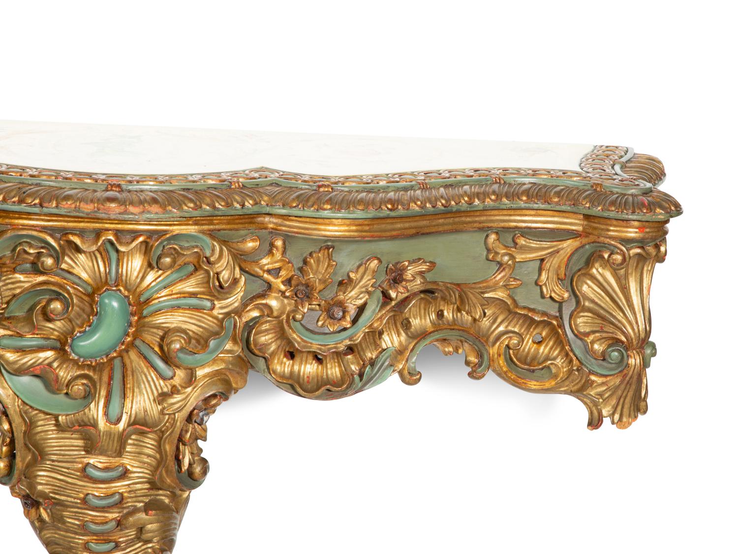 A Pair of Italian Painted and Parcel Gilt Console Tables