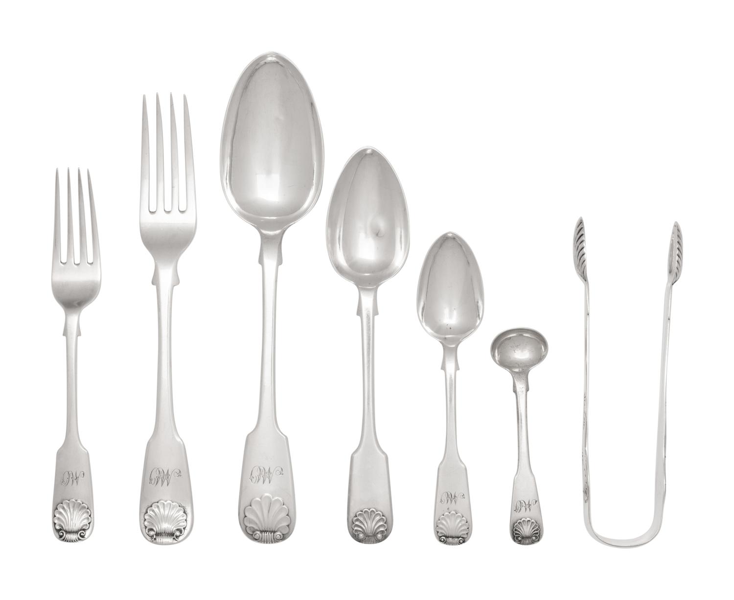 A Collection of Scottish Shell and Fiddle Silver Flatware Articles
