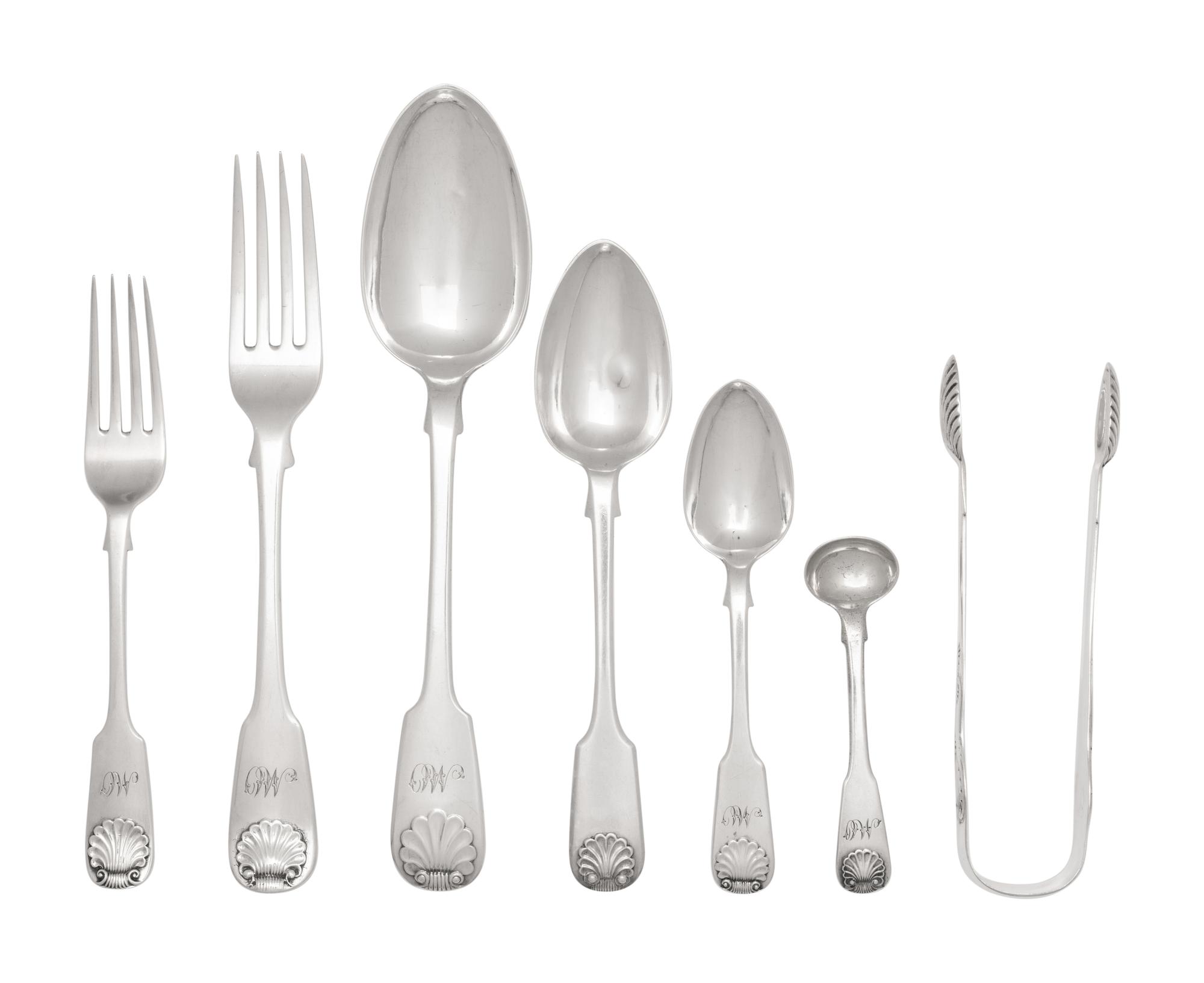 A Collection of Scottish Shell and Fiddle Silver Flatware Articles