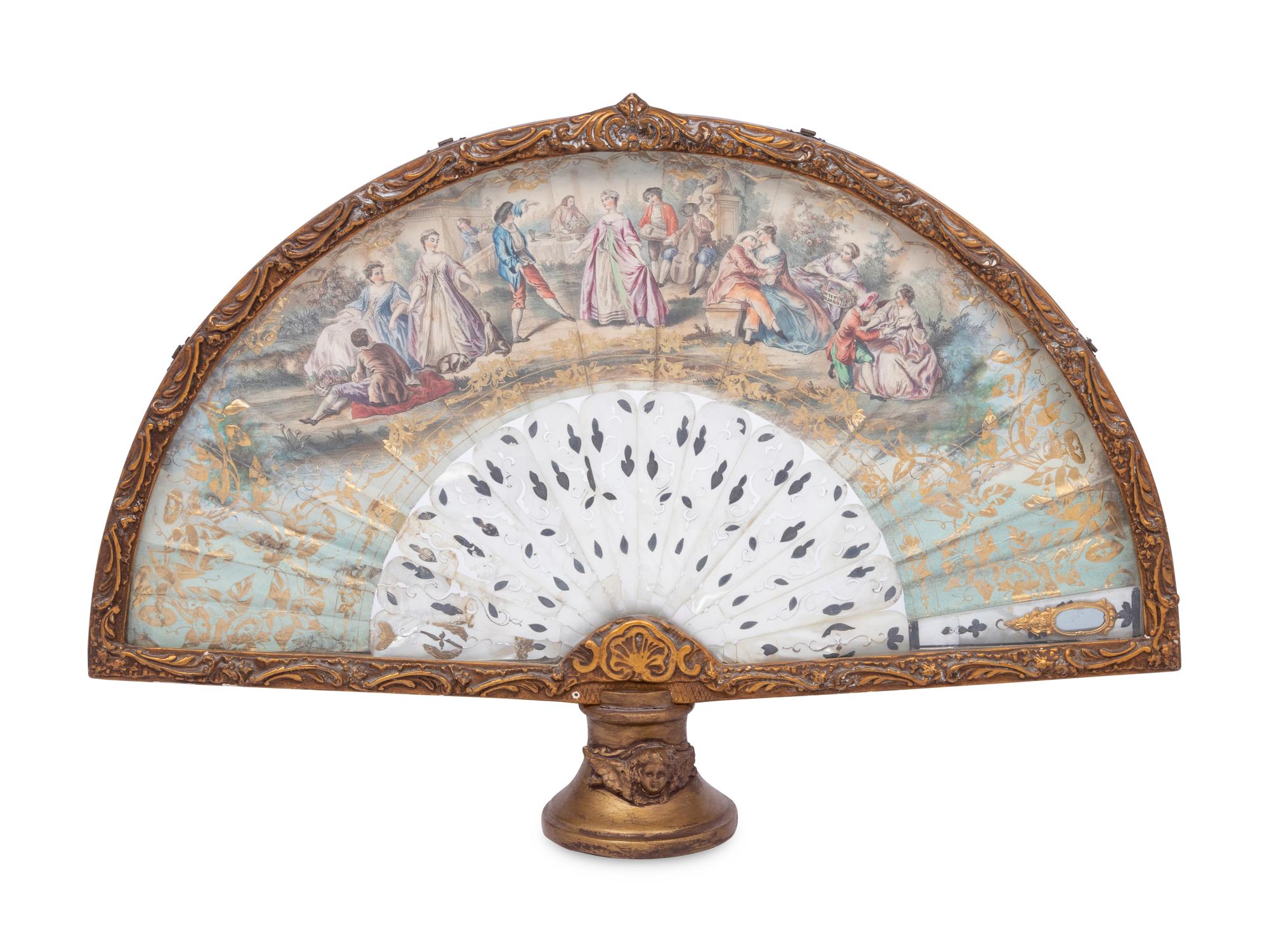 A French Framed Painted Paper and Mother-of-Pearl Fan