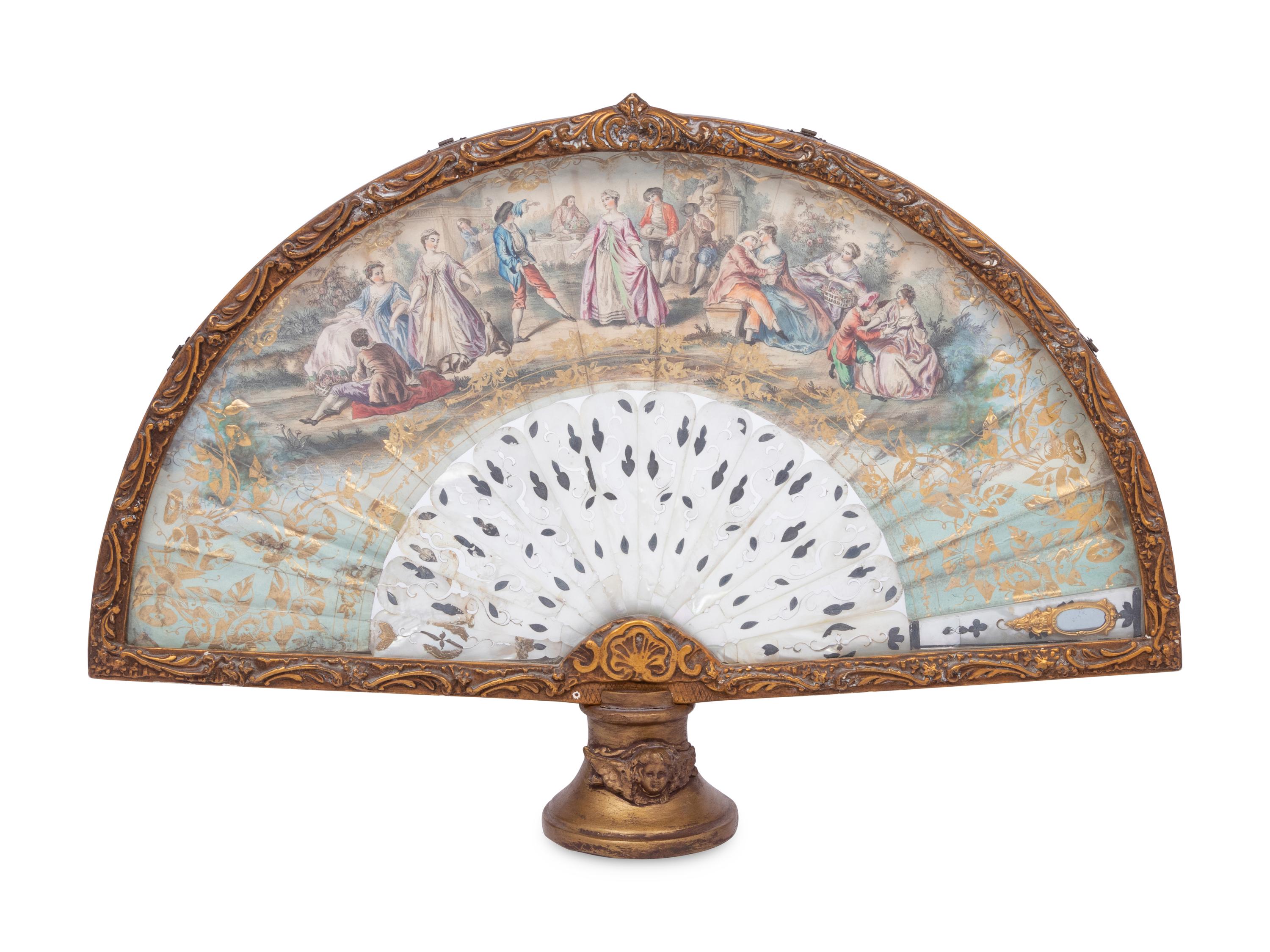 A French Framed Painted Paper and Mother-of-Pearl Fan