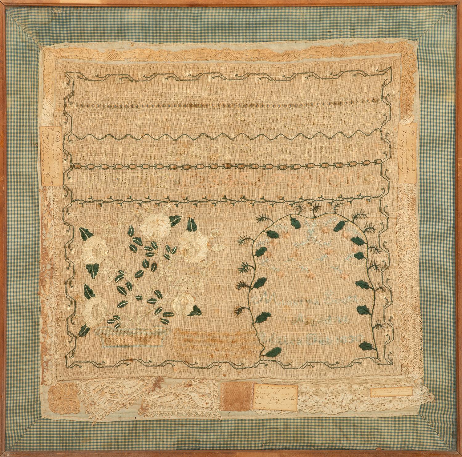 An American Needlework Alphabet and Verse Sampler Wrought by Minerva Scott