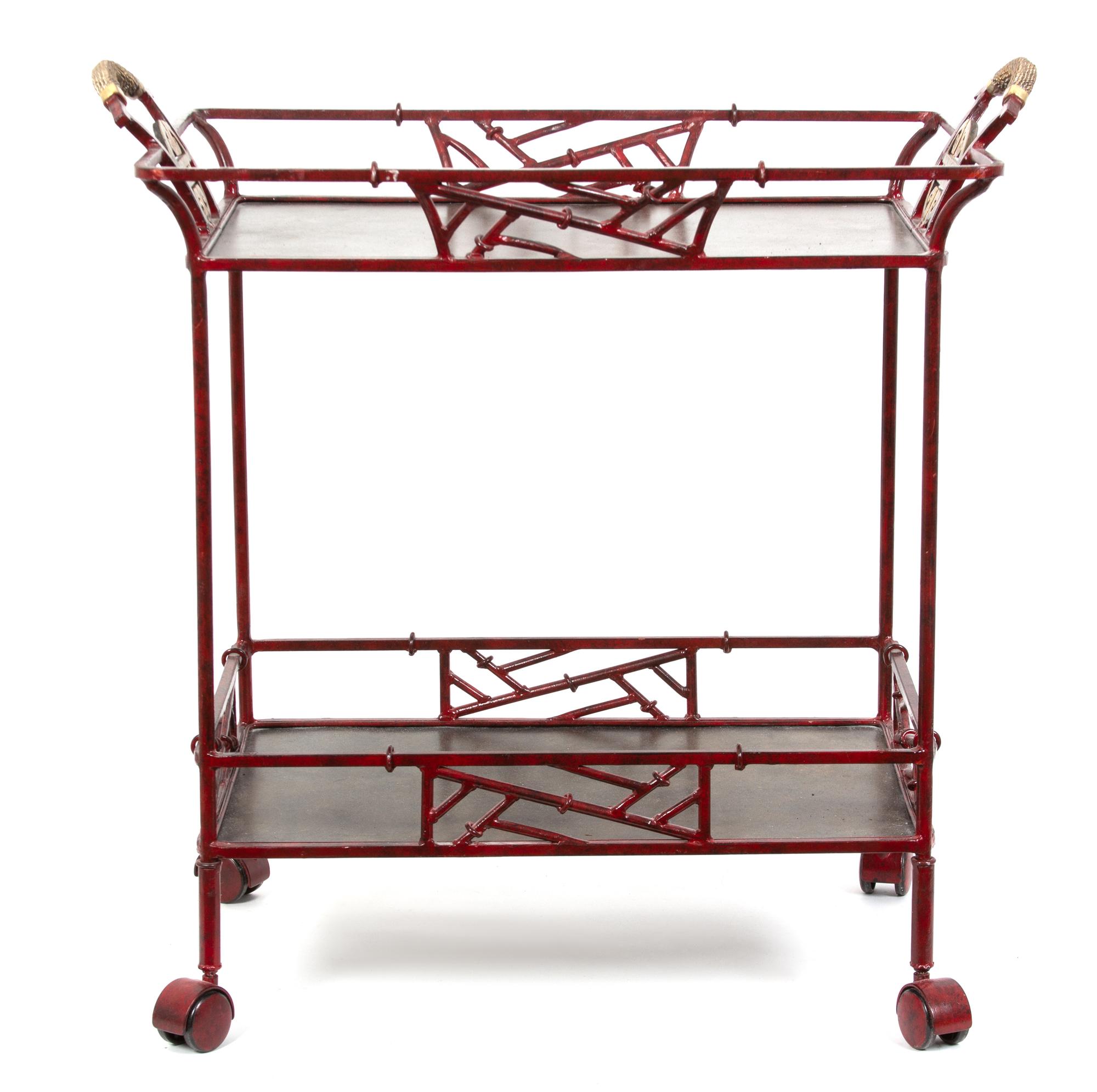 A Chinese Style Red and Gilt Painted Tea Cart Height 30 1/2 x width 30 x depth 18 inches. — 20TH CENTURY