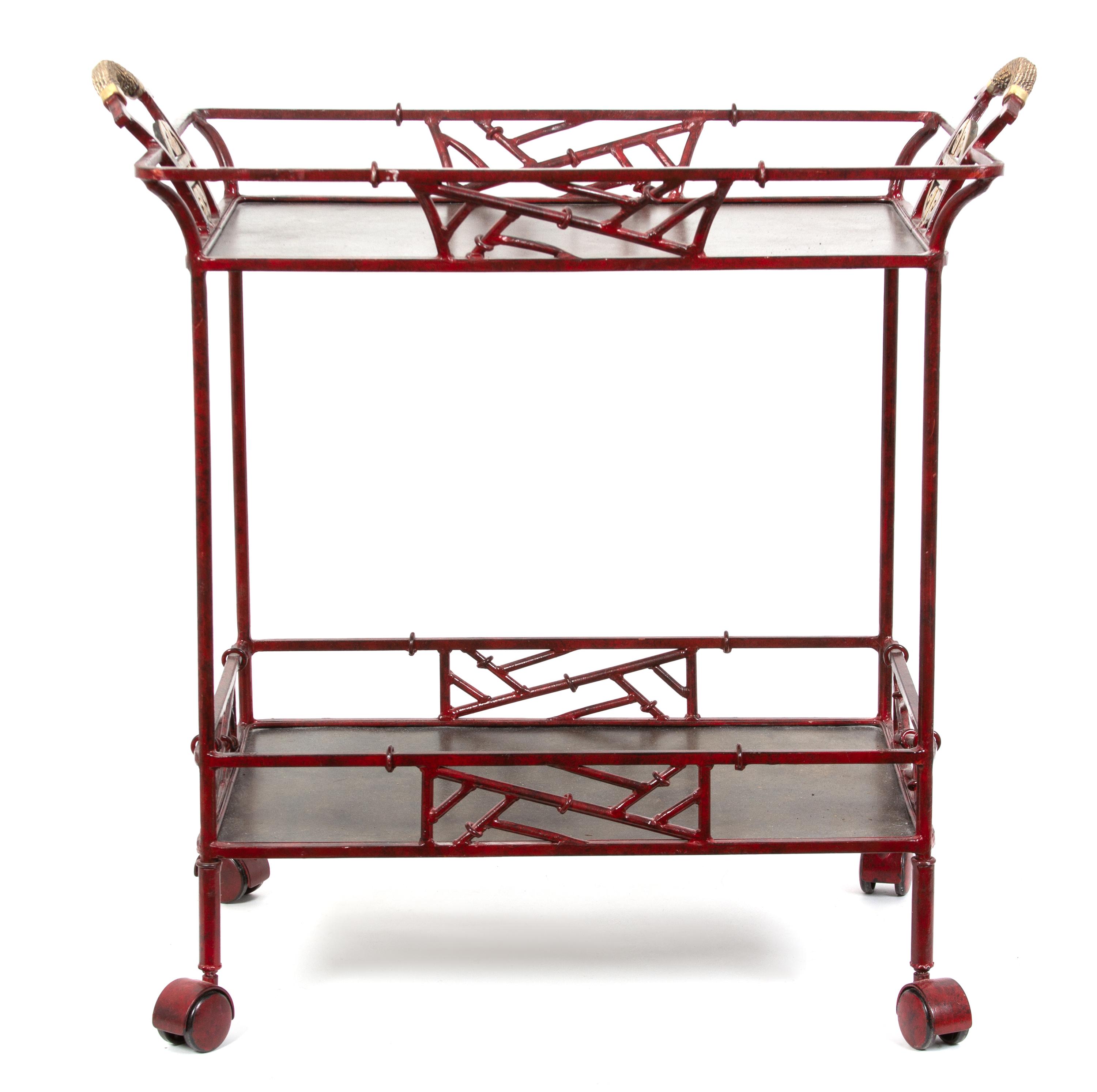 A Chinese Style Red and Gilt Painted Tea Cart Height 30 1/2 x width 30 x depth 18 inches. — 20TH CENTURY
