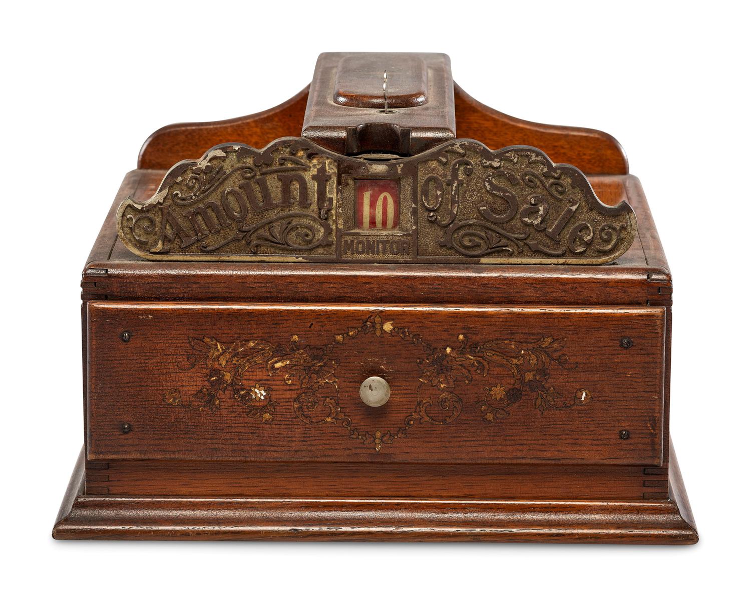 A Monitor Paint Decorated Oak and Cast Iron Coin-Operated Barbershop Cash Register