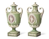 A Pair of Wedgwood Sage and Lilac Jasperware Twin Handled Urns