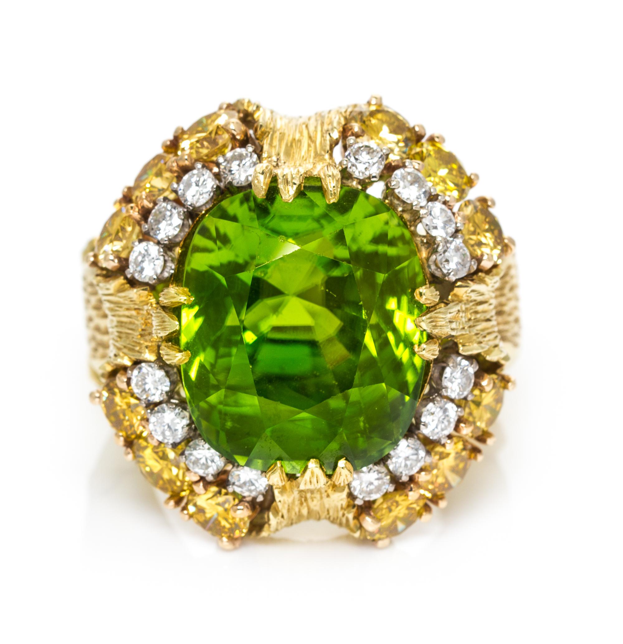 An 18 Karat Yellow Gold, Cushion Cut Peridot, Yellow and White Diamond Ring, 17.40 dwts.