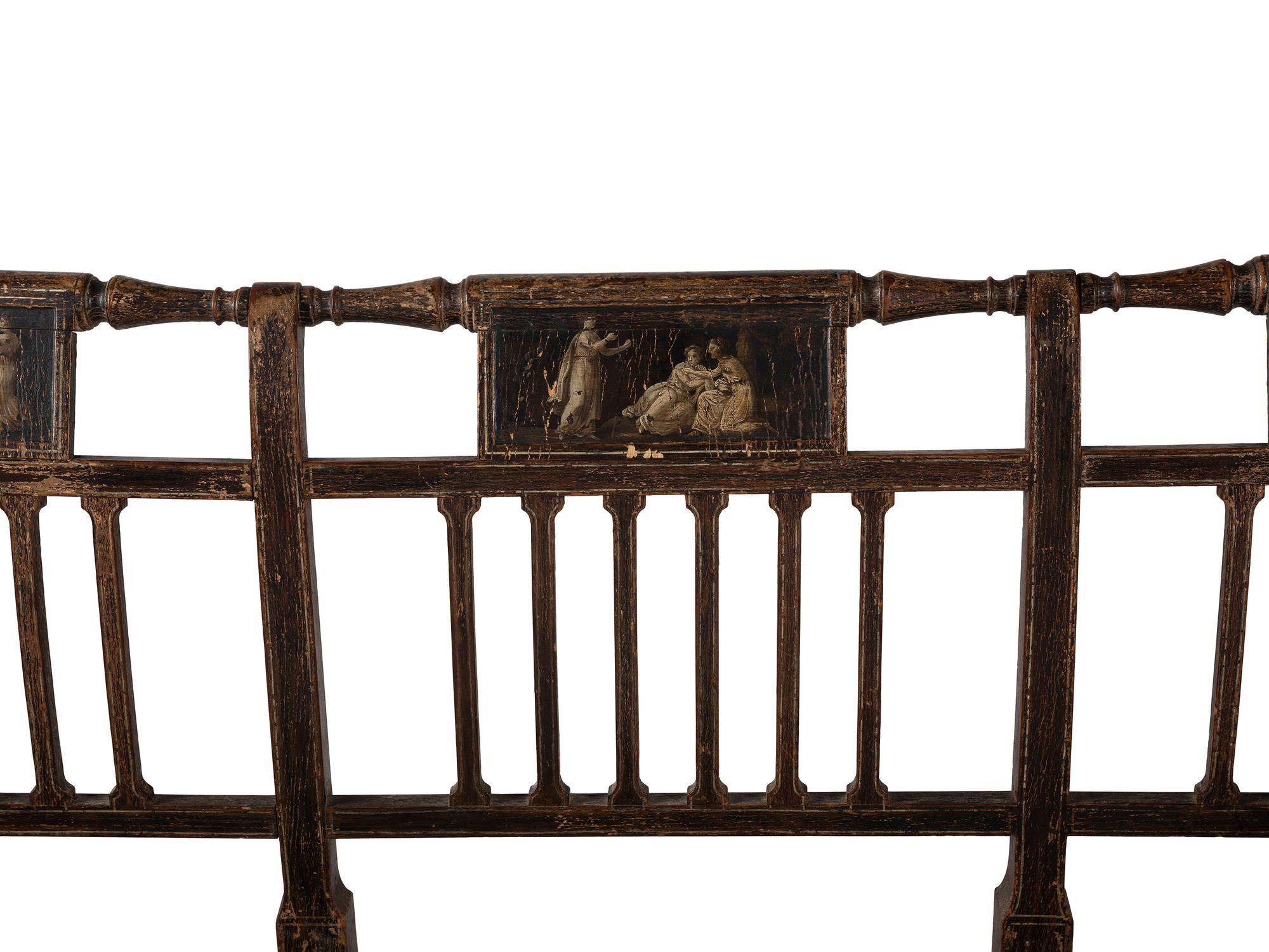 A Regency Grain and Figural Painted Cane-Upholstered Settee