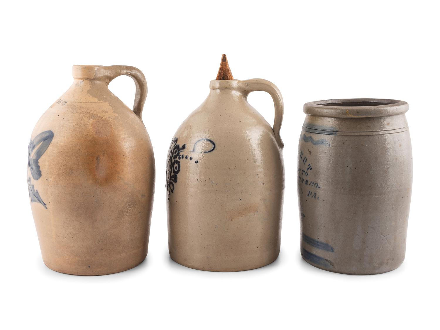 Three Cobalt-Decorated Stoneware Vessels