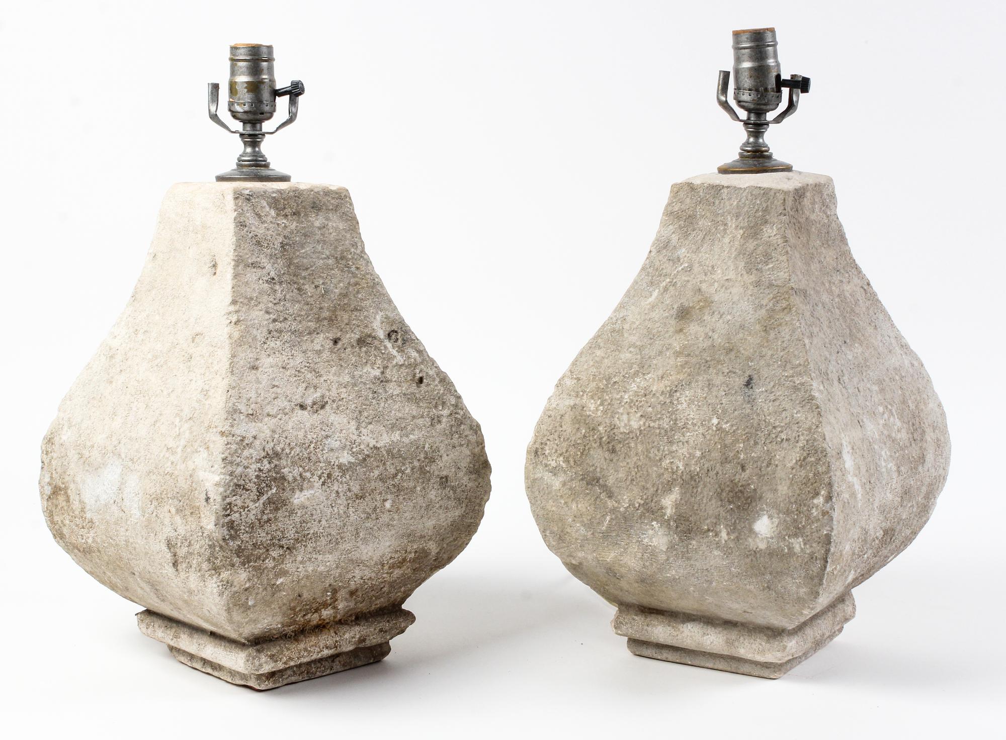 A Pair of Carved Stone Lamps Height overall 28 1/2 inches. — 20TH CENTURY