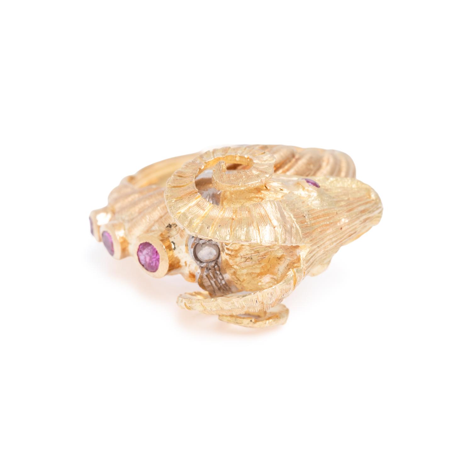 LALAOUNIS, YELLOW GOLD AND RUBY RAM'S HEAD RING