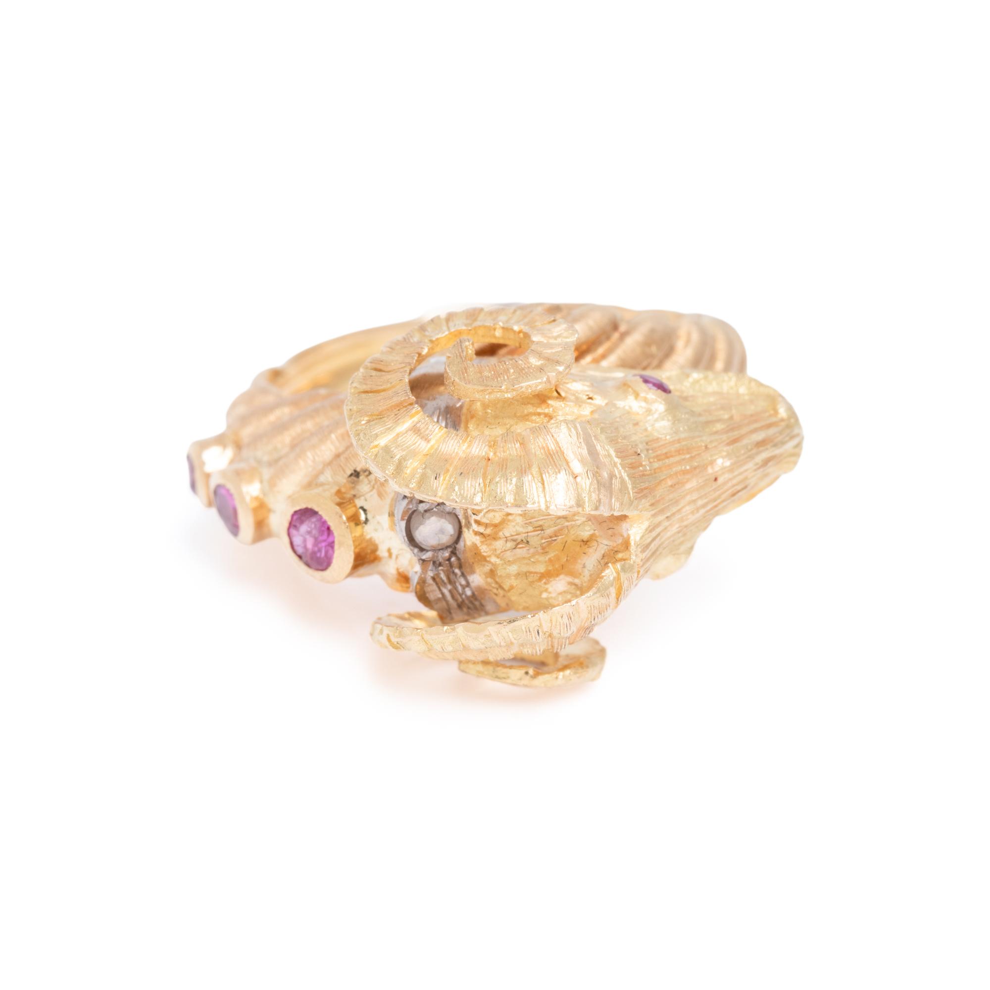LALAOUNIS, YELLOW GOLD AND RUBY RAM'S HEAD RING