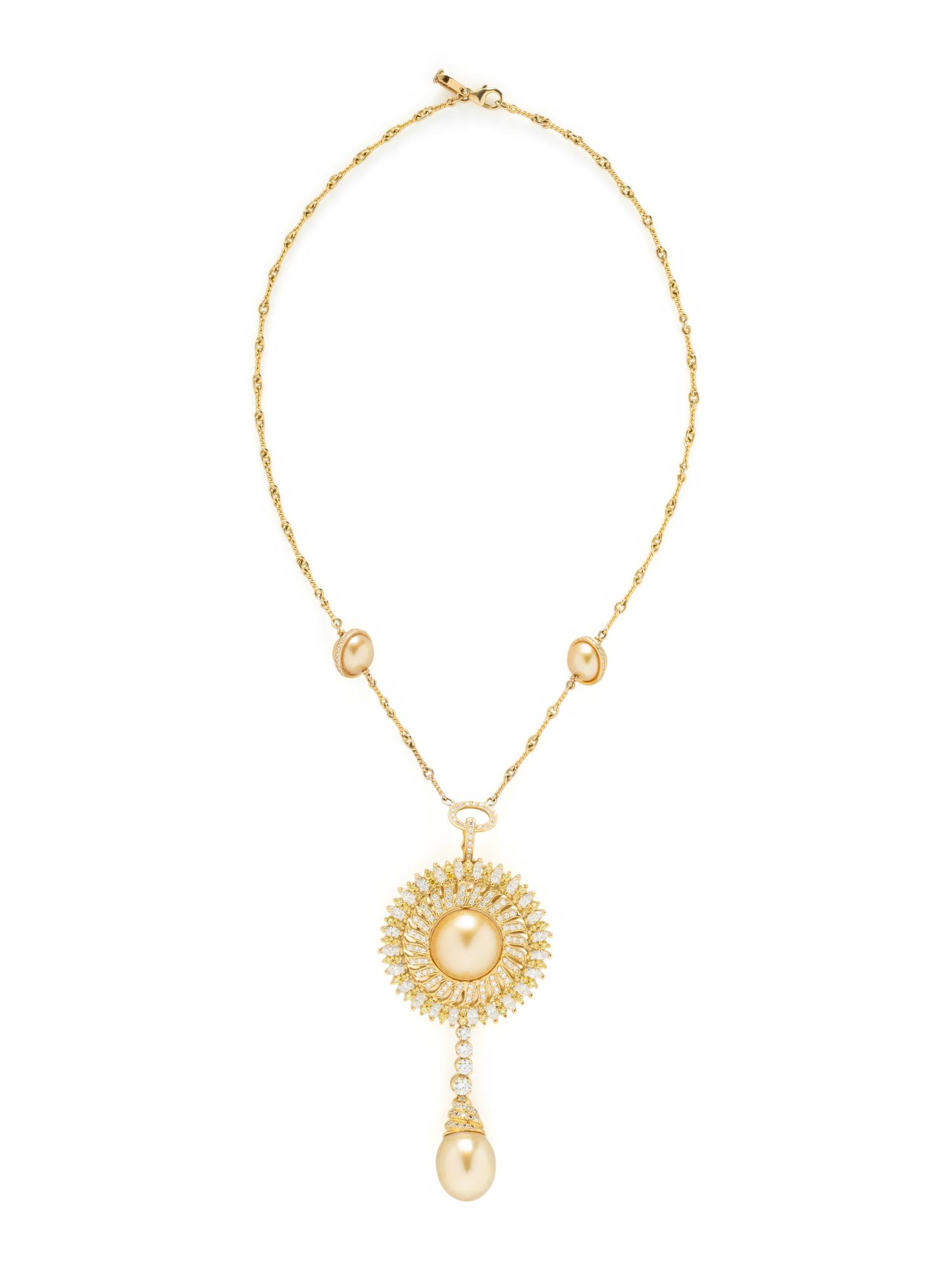 YELLOW GOLD, CULTURED PEARL, YELLOW DIAMOND, AND DIAMOND JEWELRY SUITE