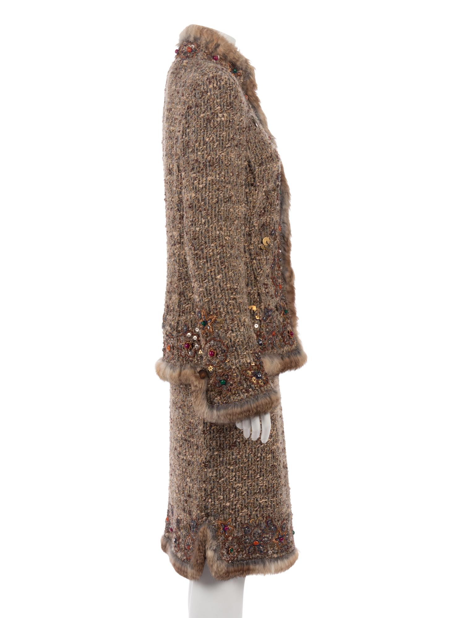 Oscar de la Renta Embellished Two-Piece Skirt Ensemble Trimmed with Rabbit Fur