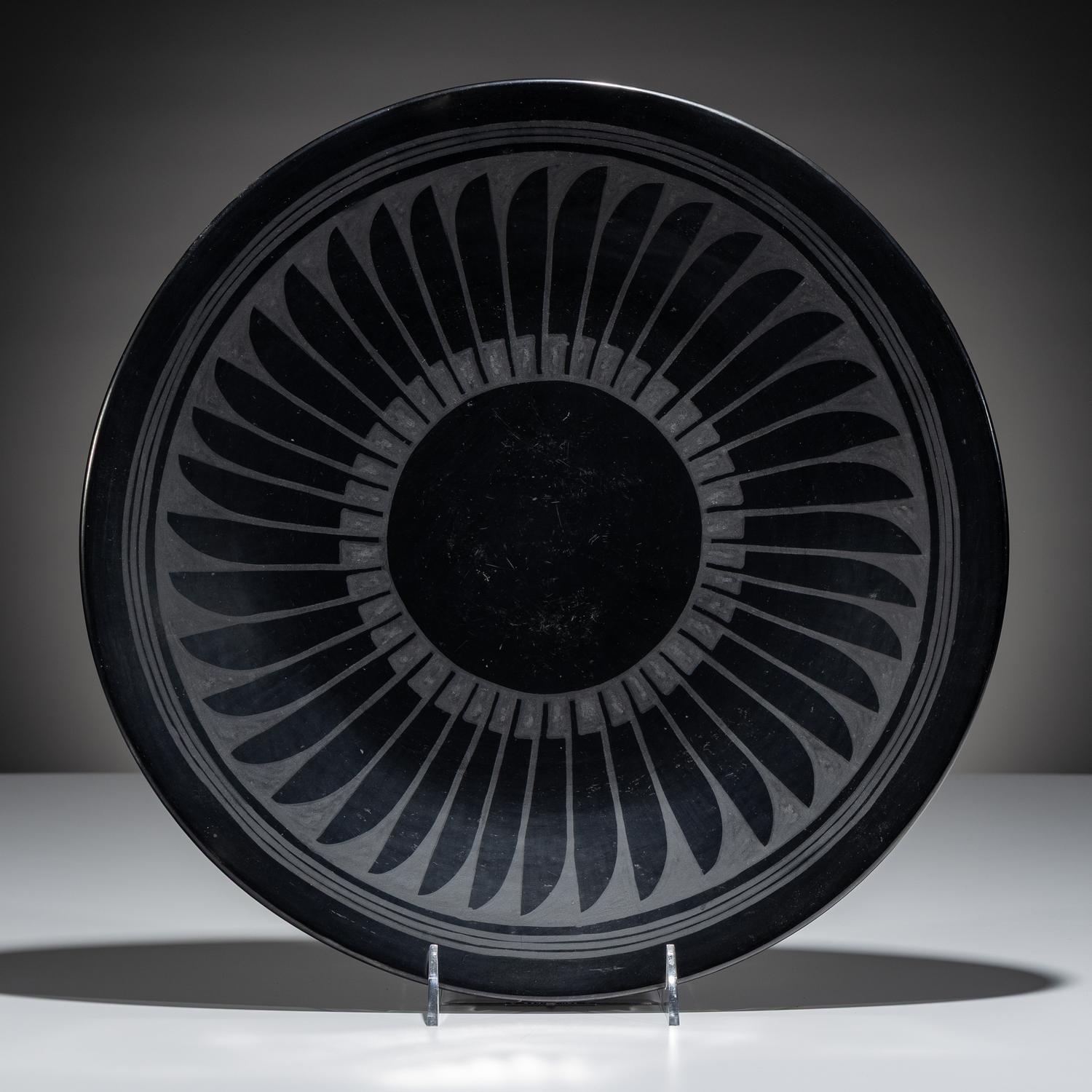 Blackware Pottery Plate, with Repeating Feathers