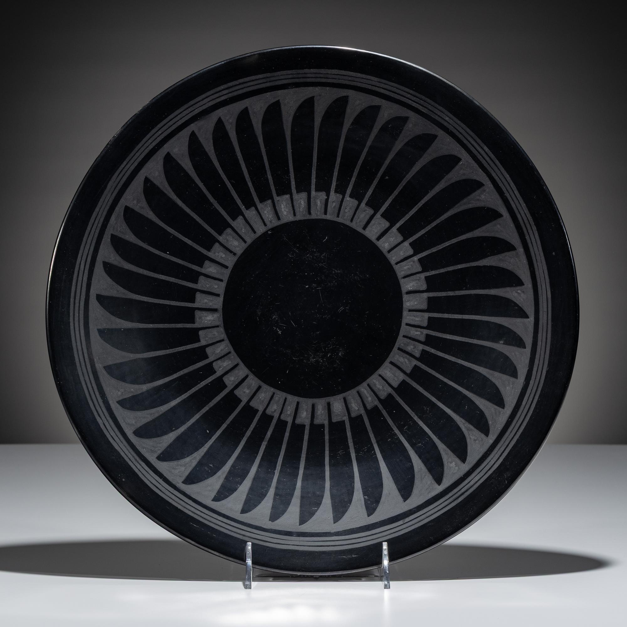 Blackware Pottery Plate, with Repeating Feathers