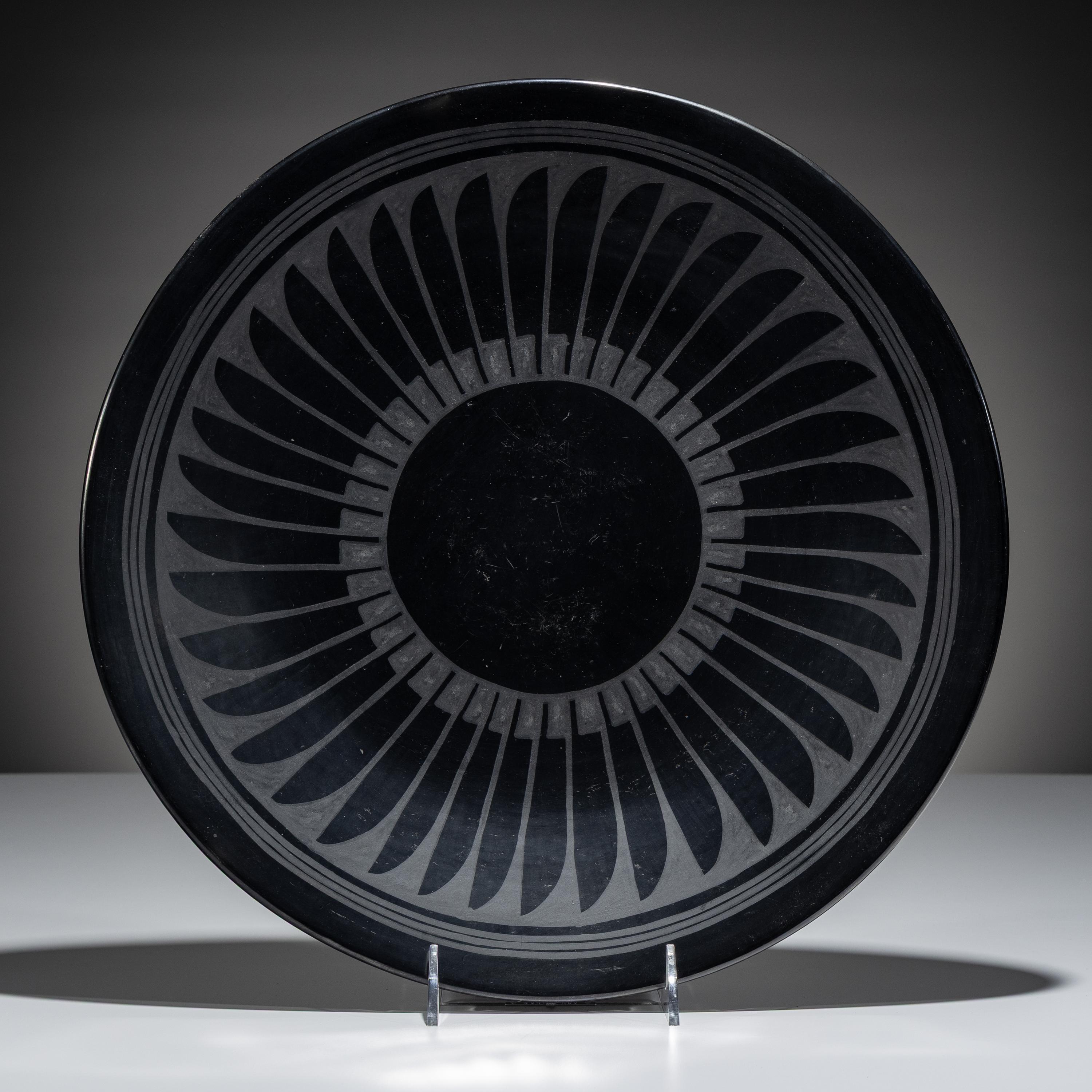 Blackware Pottery Plate, with Repeating Feathers