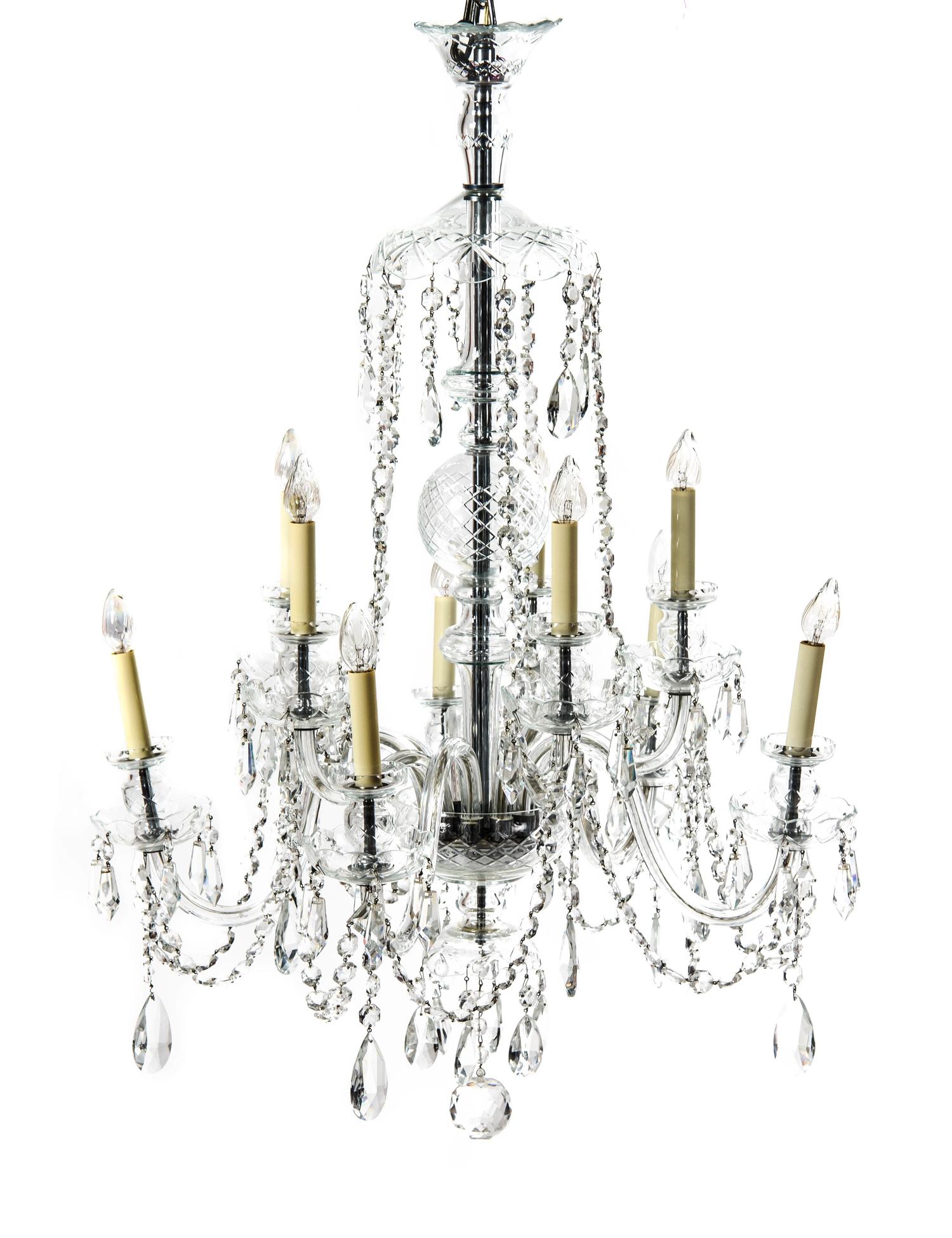 A Waterford Style Cut Glass Ten-Light Chandelier, Height 40 x diameter 26 inches.