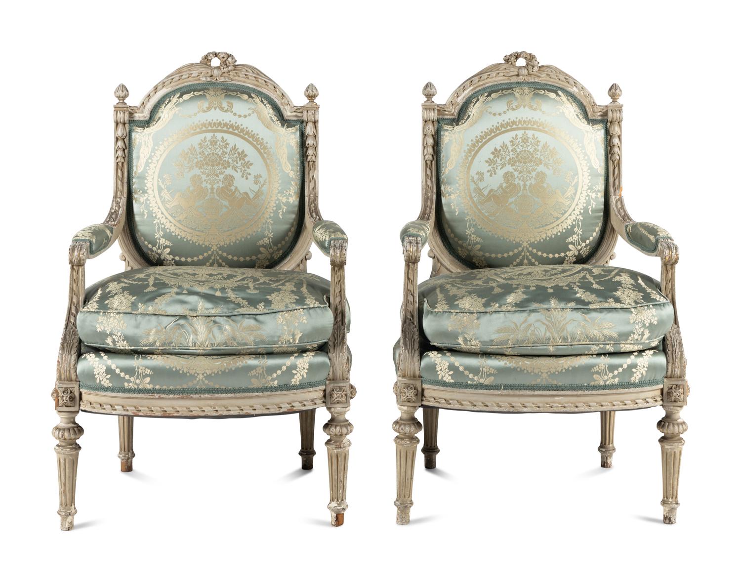 A Pair of Louis XVI Style Painted Fauteuils