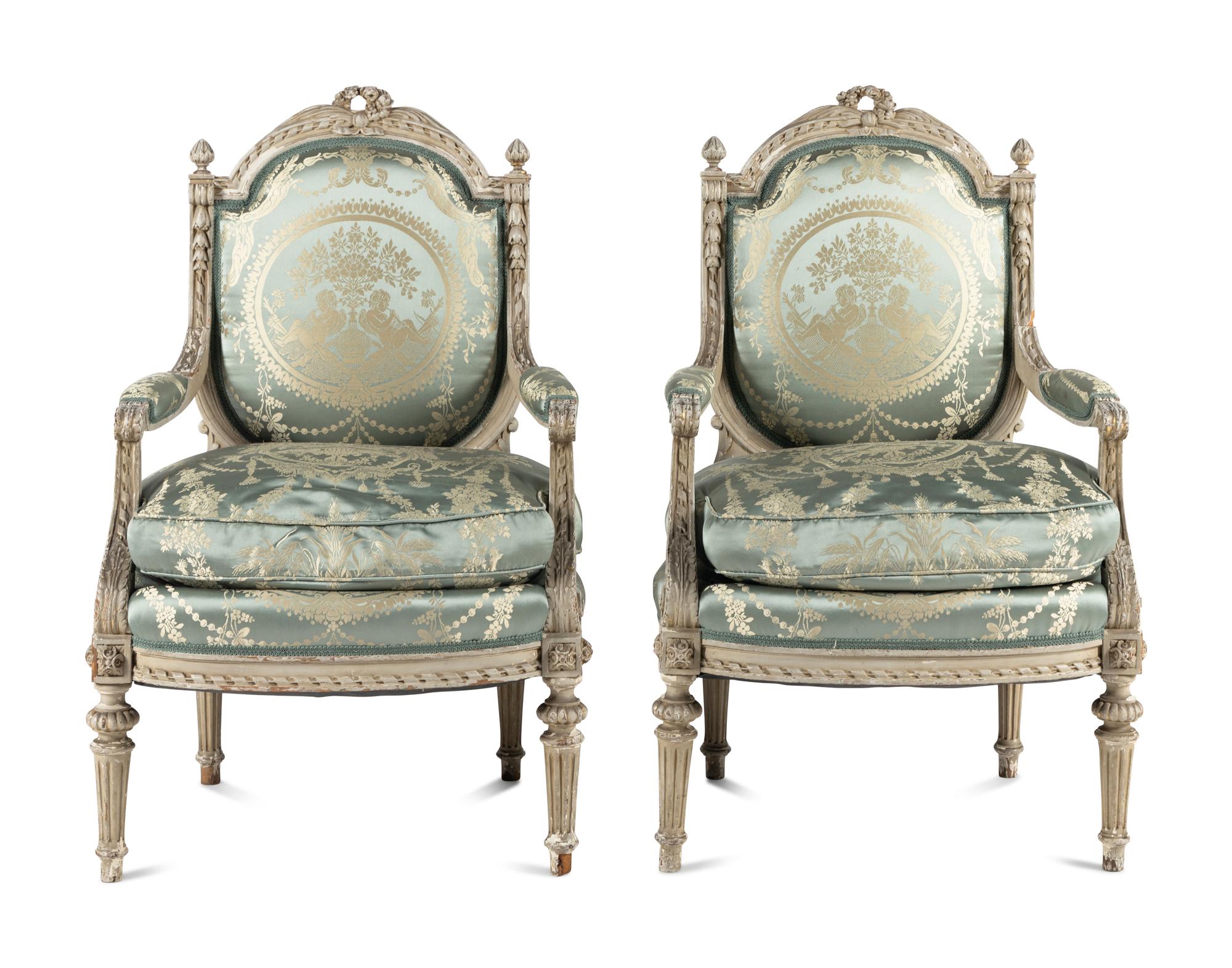 A Pair of Louis XVI Style Painted Fauteuils