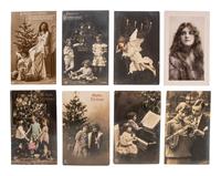 [EARLY PHOTOGRAPHY]. A group of 59 real photo postcards, featuring artfully posed images of women, famous subjects, and genre scenes celebrating romance and the holiday season.