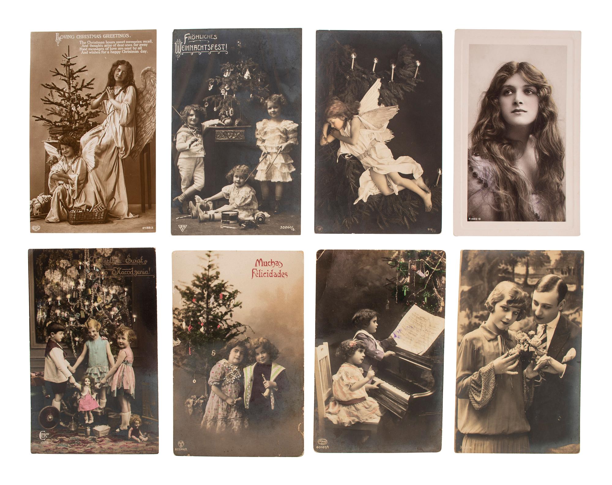 [EARLY PHOTOGRAPHY]. A group of 59 real photo postcards, featuring artfully posed images of women, famous subjects, and genre scenes celebrating romance and the holiday season.