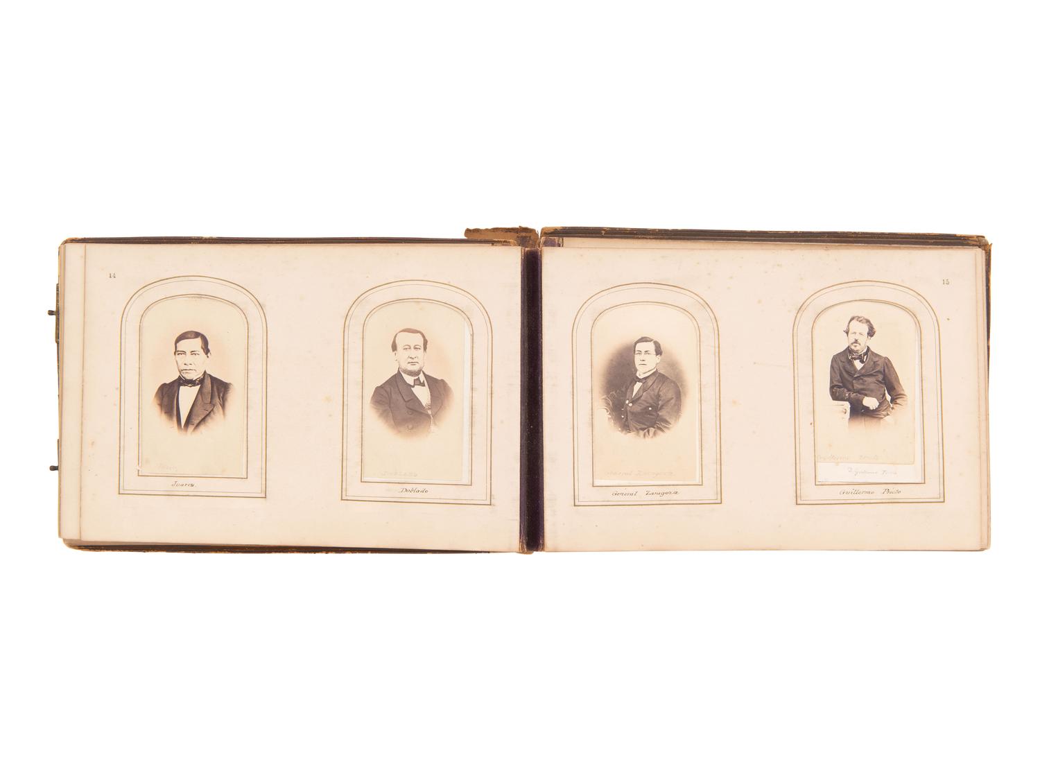 [EARLY PHOTOGRAPHY]. CDV album containing photographs of Mexican and European royalty, generals, and government officials, incl. Benito Juárez and his family.