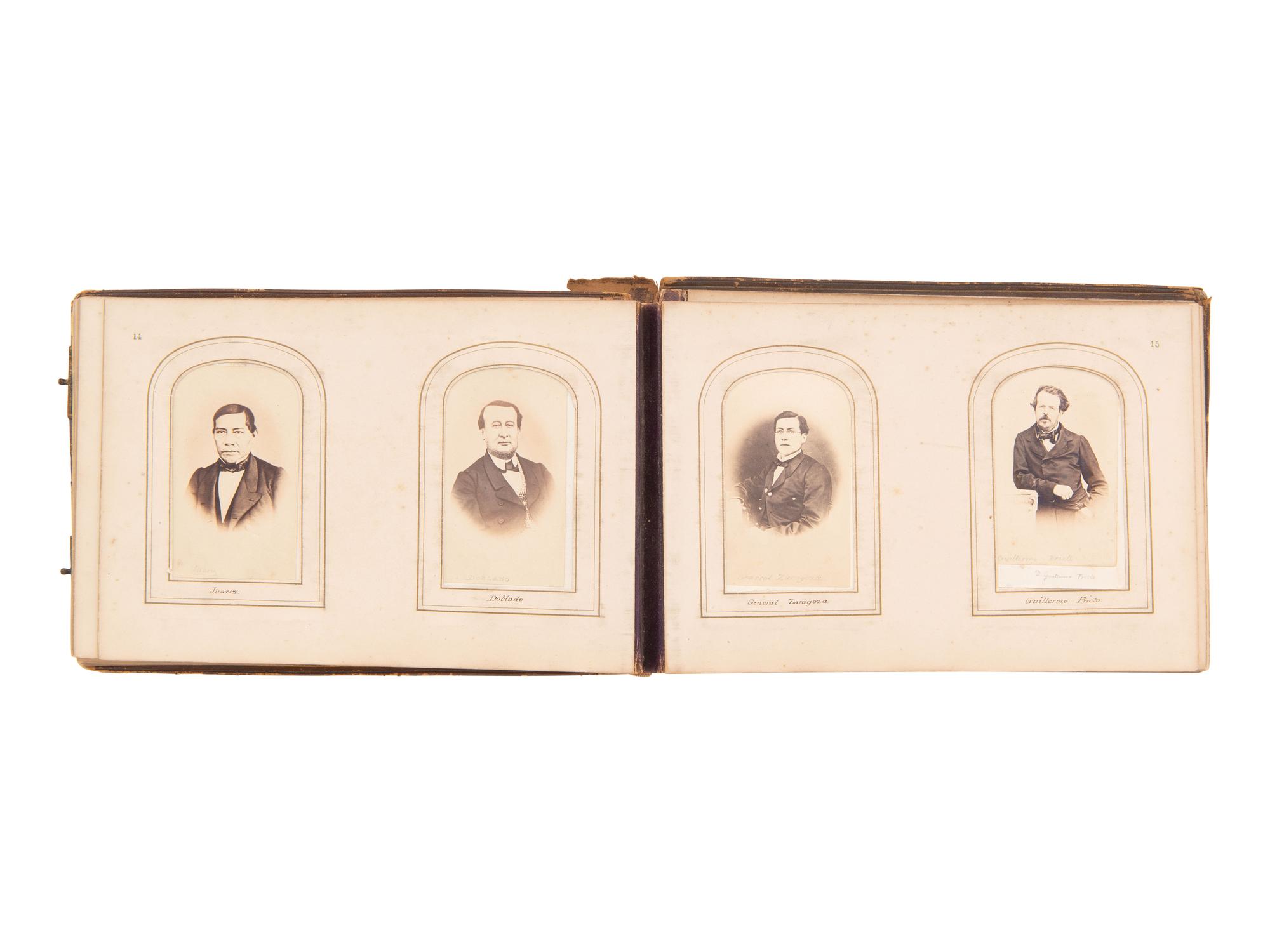 [EARLY PHOTOGRAPHY]. CDV album containing photographs of Mexican and European royalty, generals, and government officials, incl. Benito Juárez and his family.