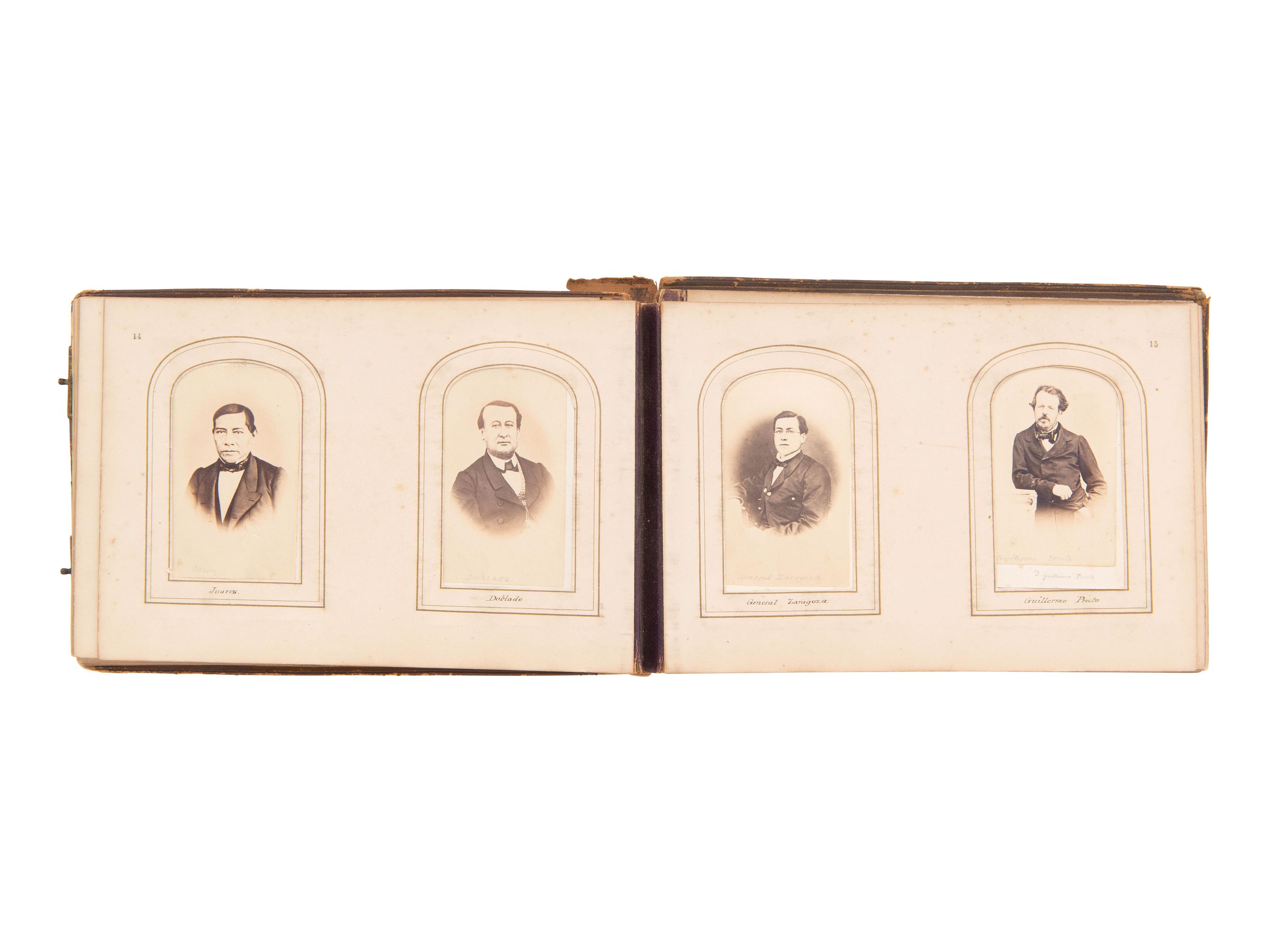 [EARLY PHOTOGRAPHY]. CDV album containing photographs of Mexican and European royalty, generals, and government officials, incl. Benito Juárez and his family.