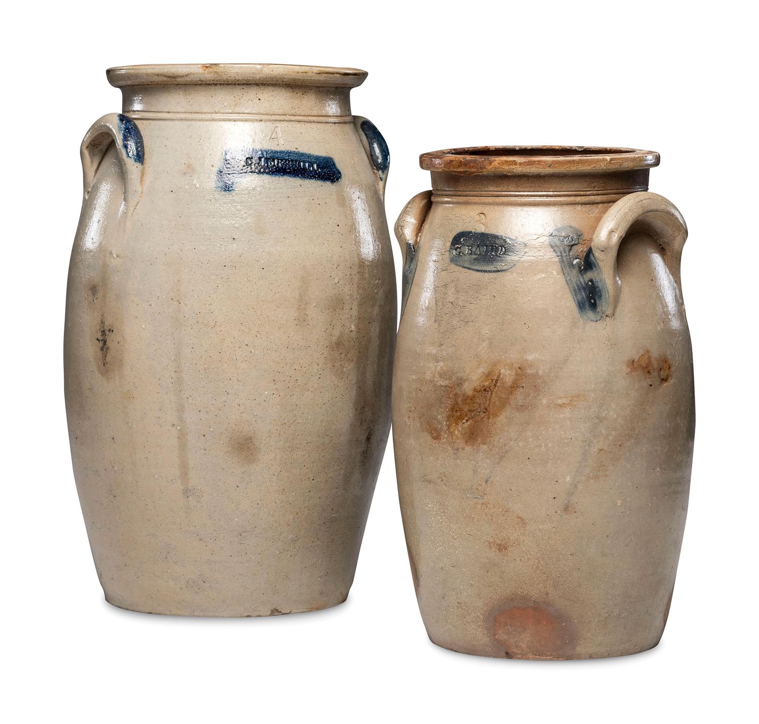 Two Ovoid Stoneware Crocks or Churns