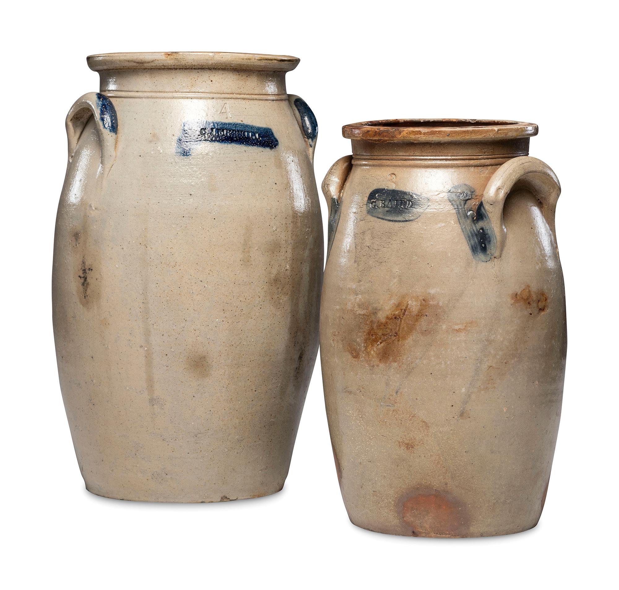 Two Ovoid Stoneware Crocks or Churns