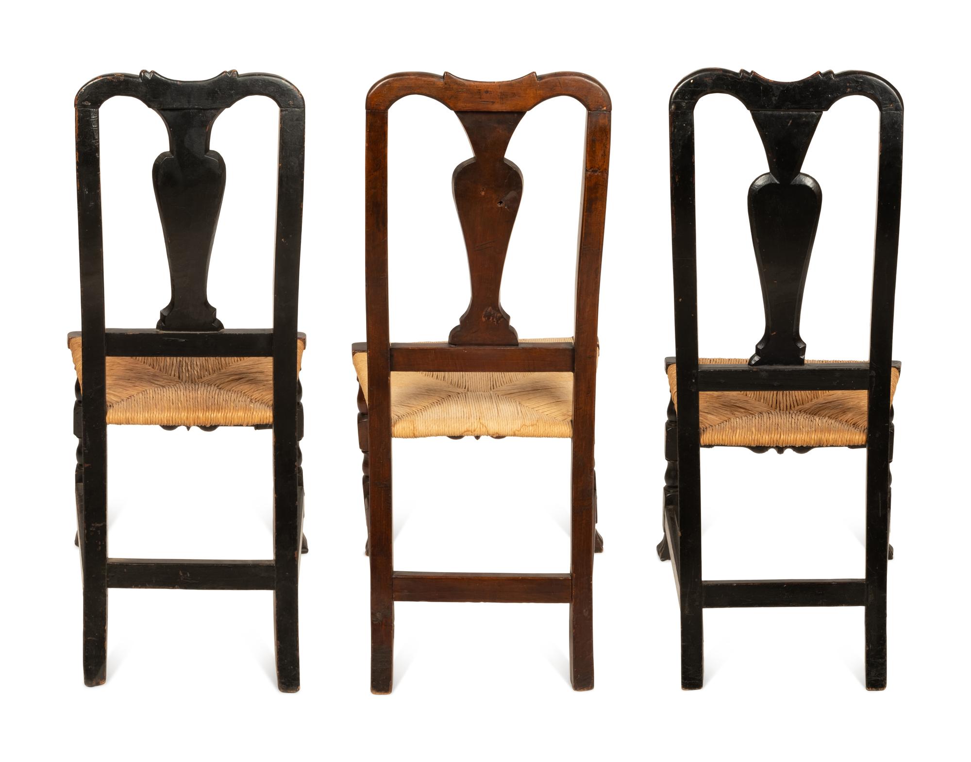 Three William and Mary Turned and Carved Rush-Seat Spanish-Foot Side Chairs