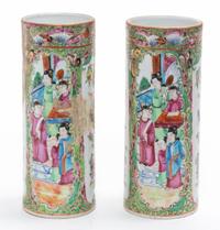 A Pair of Chinese Rose Medallion Porcelain Hat Stands Height 7 1/2 inches.