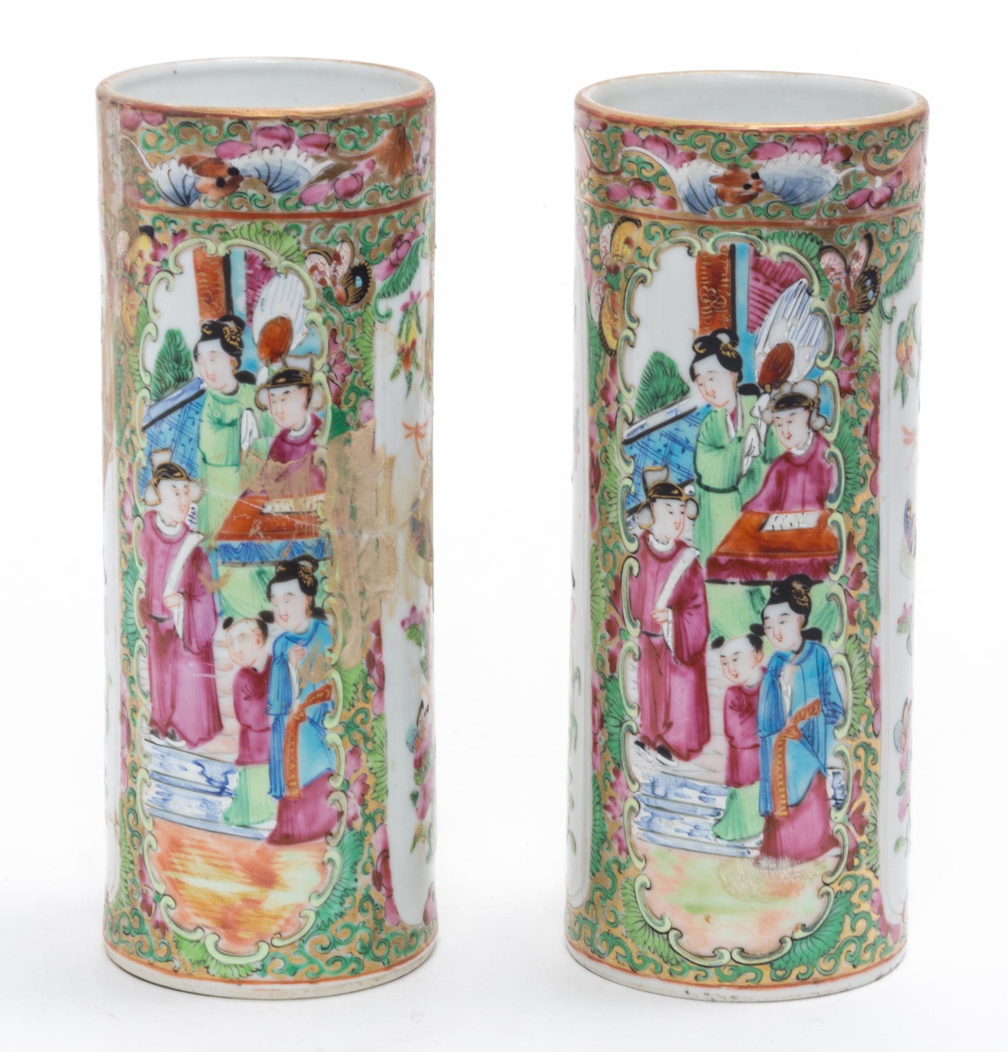 A Pair of Chinese Rose Medallion Porcelain Hat Stands Height 7 1/2 inches.