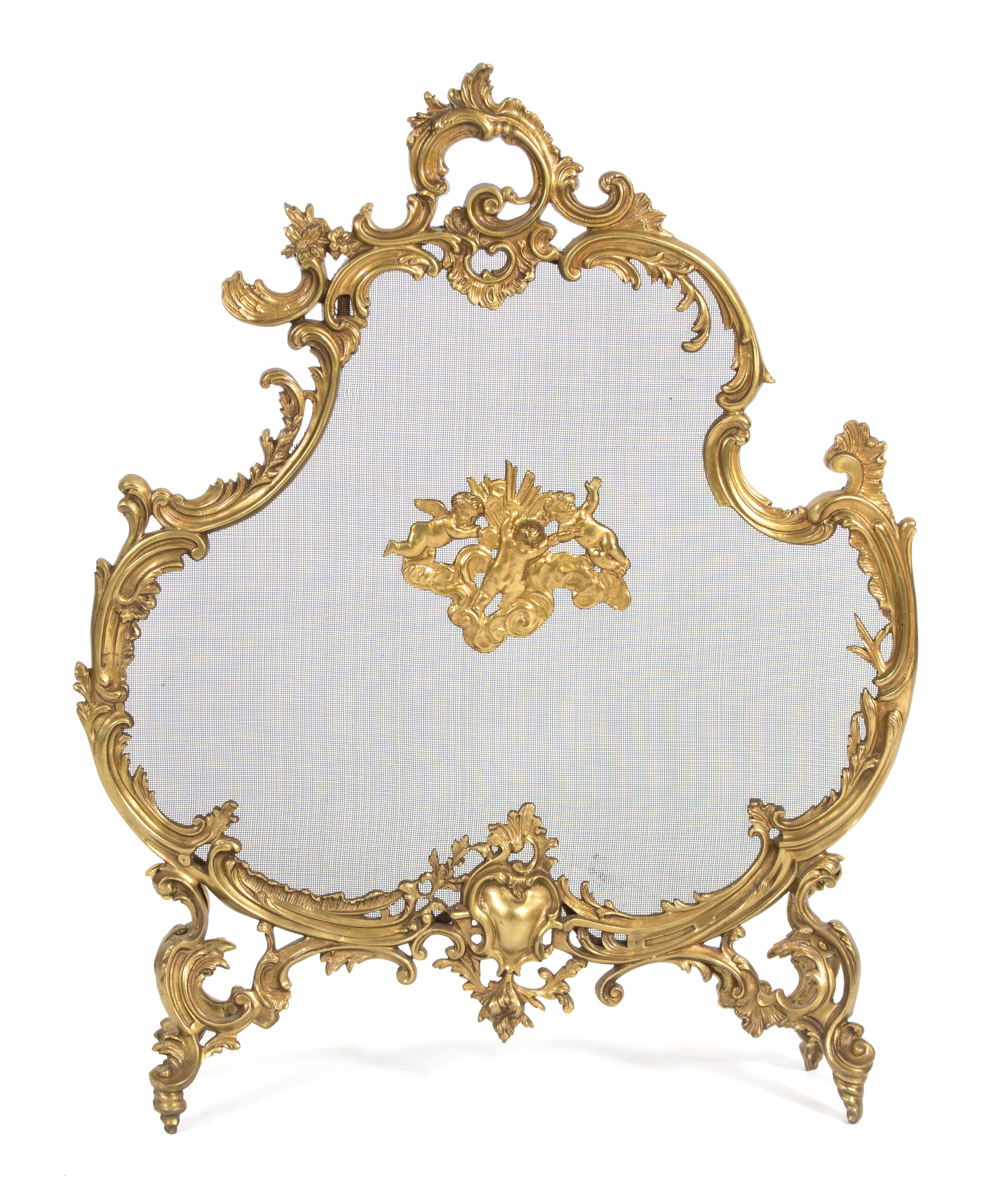 A Louis XV Style Gilt Bronze and Wire Mesh Cartouche-Form Fire Screen Height 33 3/4 x width 26 1/2 inches. — 19TH CENTURY