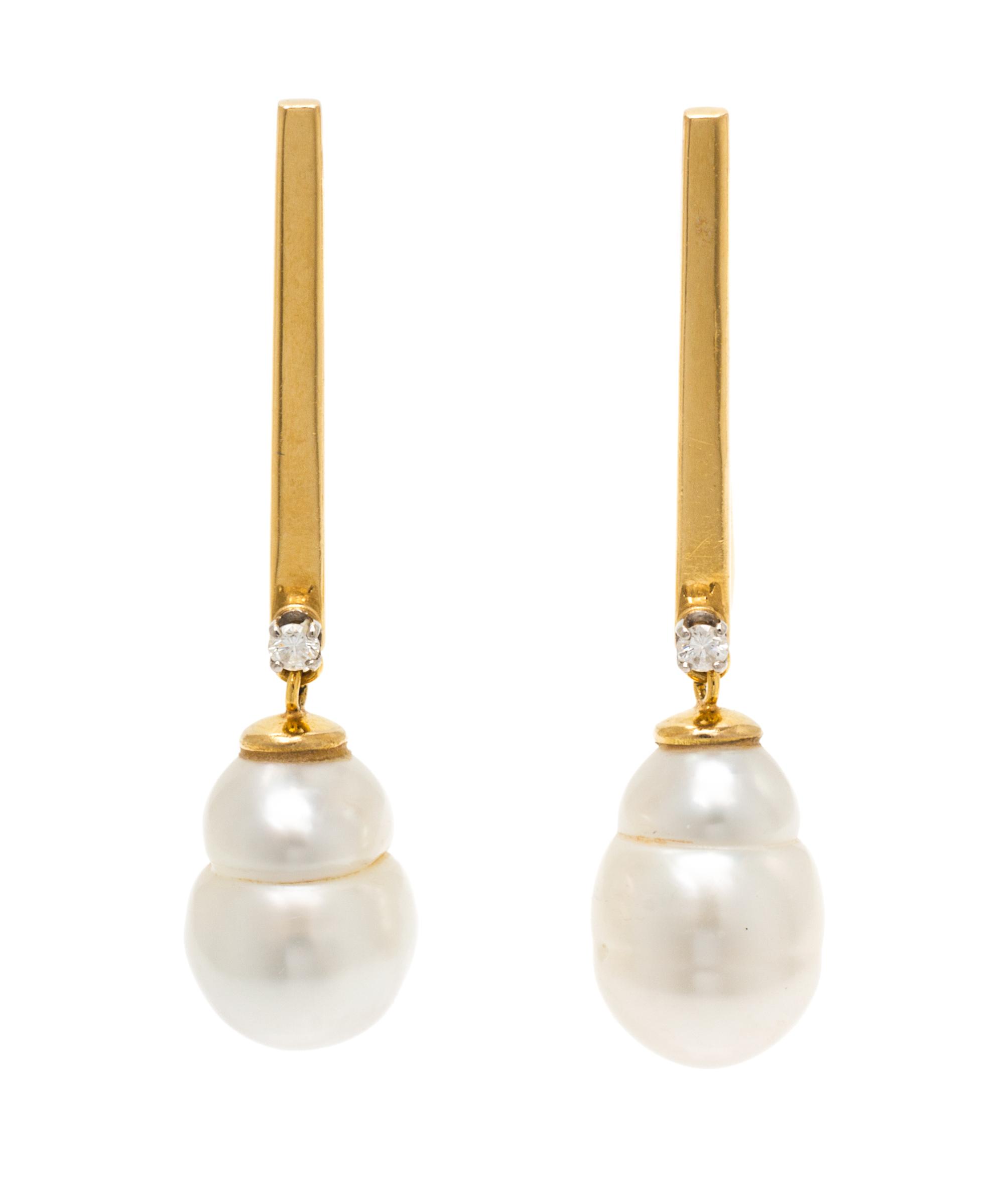 A Collection of 18 Karat Yellow Gold, Cultured Baroque Pearl and Diamond Earrings, 10.60 dwts.
