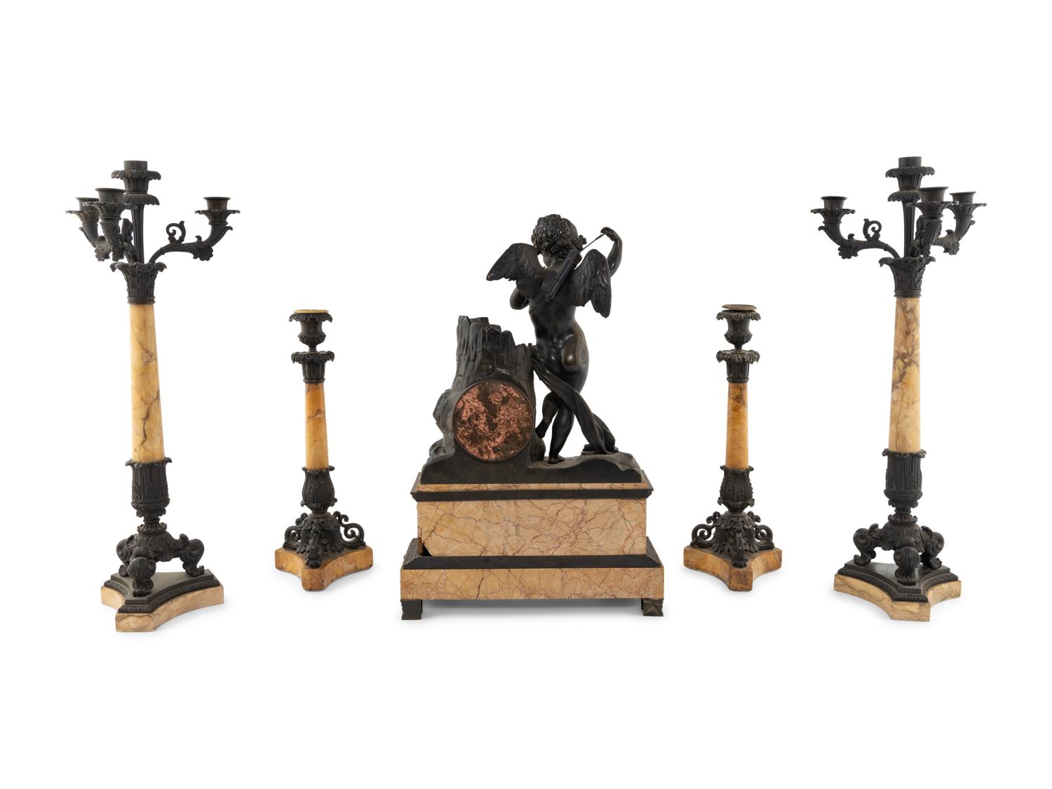 An Assembled French Marble and Bronze Five-Piece Clock Garniture