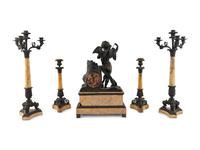 An Assembled French Marble and Bronze Five-Piece Clock Garniture