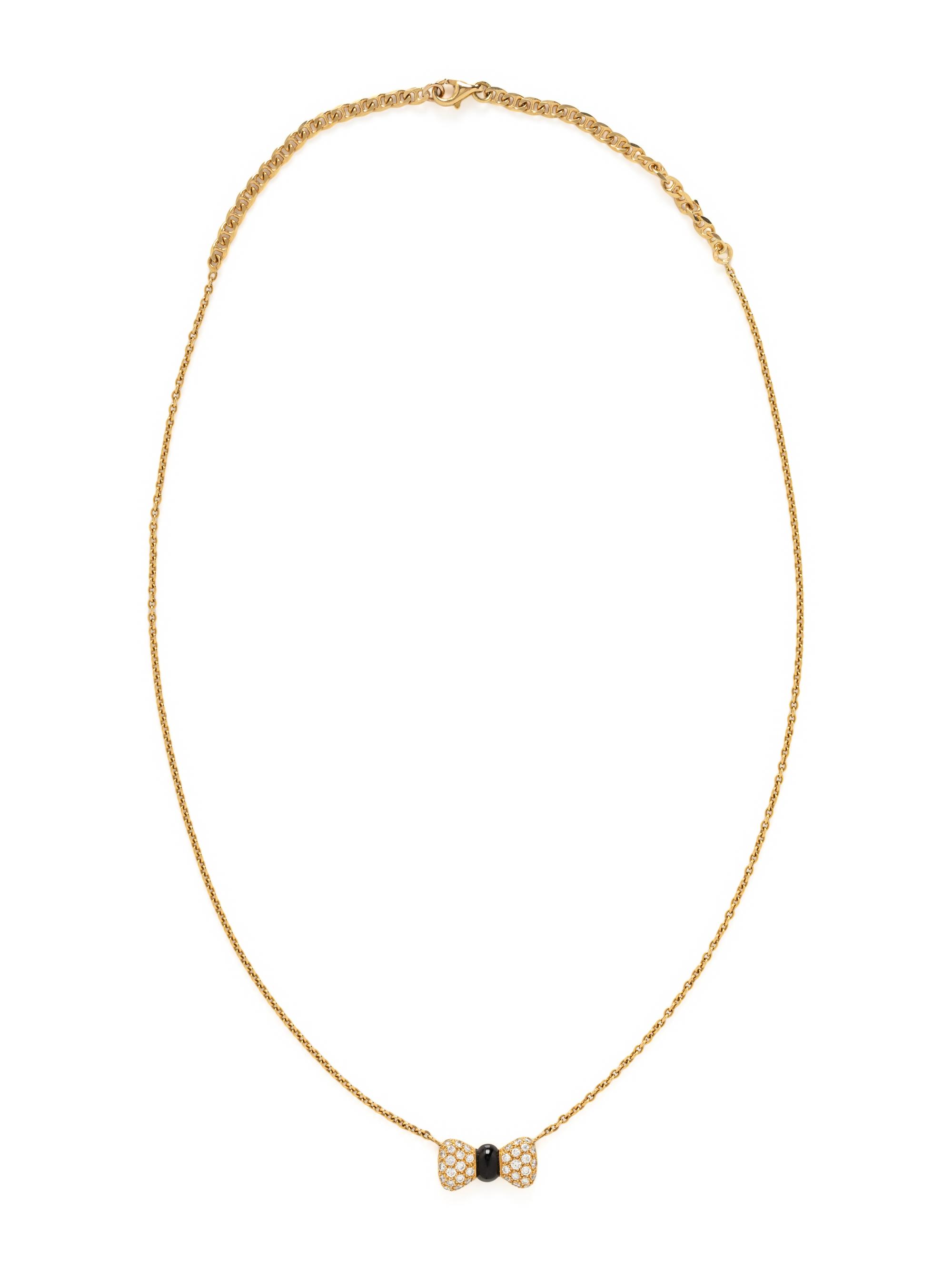 VAN CLEEF & ARPELS, YELLOW GOLD, DIAMOND AND ONYX BOW NECKLACE