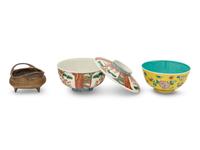 Two Chinese Export Porcelain Bowls and a Brass Vessel
