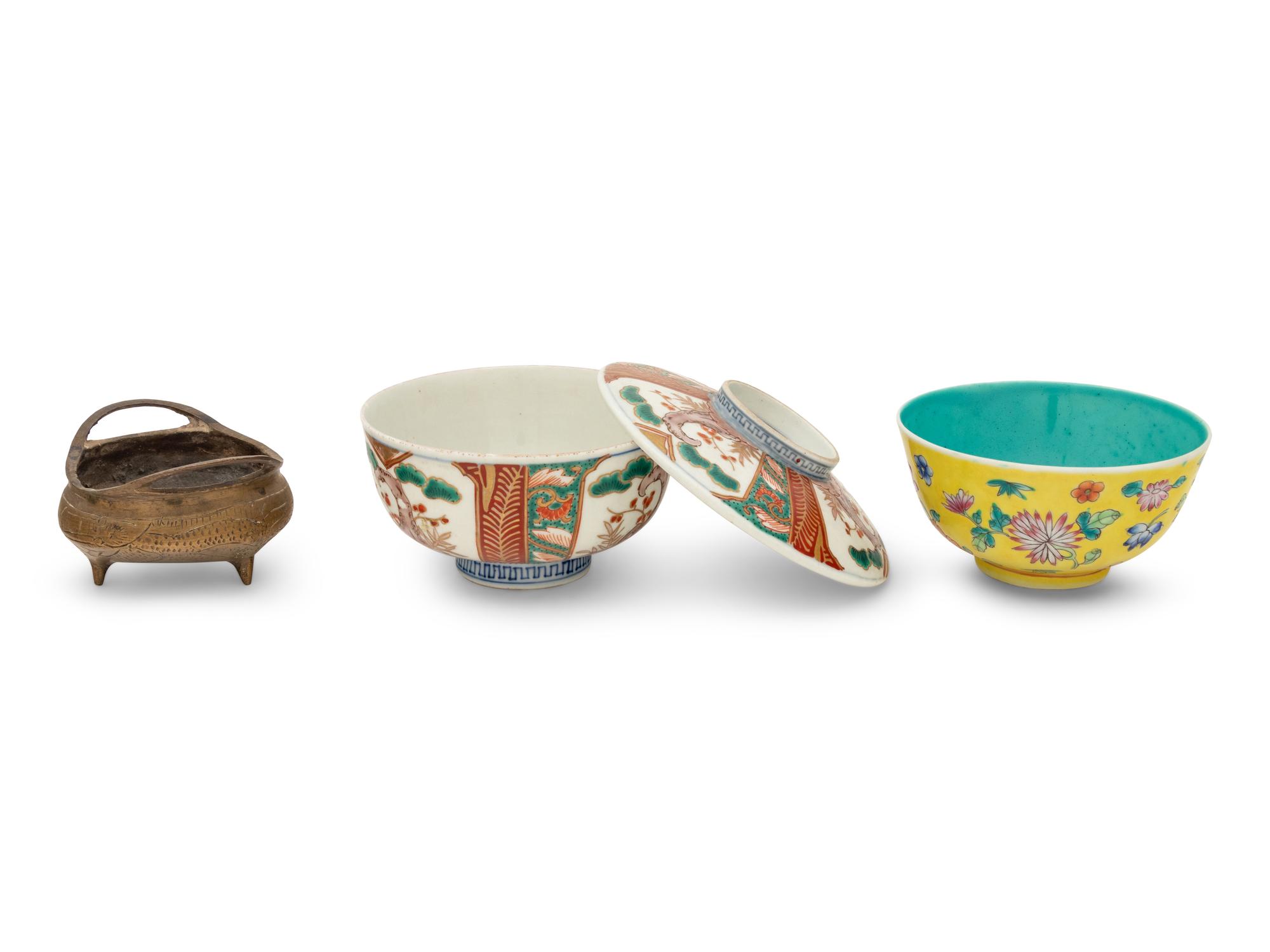 Two Chinese Export Porcelain Bowls and a Brass Vessel