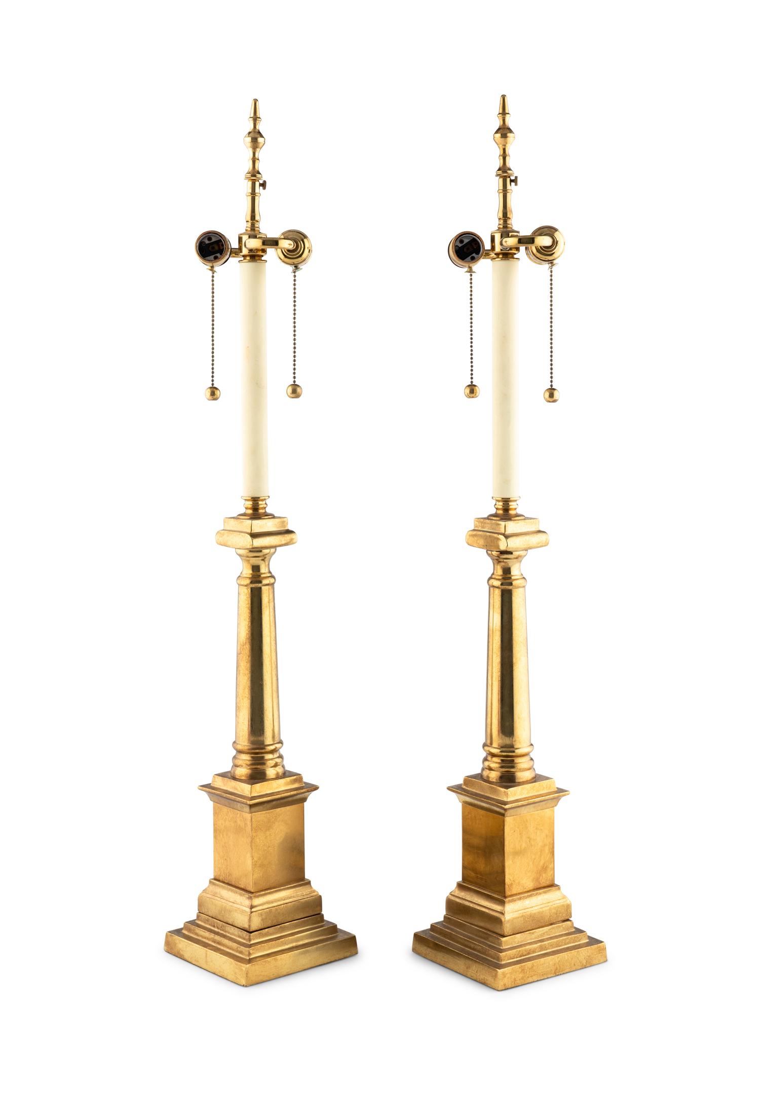 A Pair of Brass Columnar Lamps