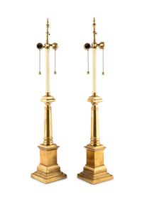 A Pair of Brass Columnar Lamps