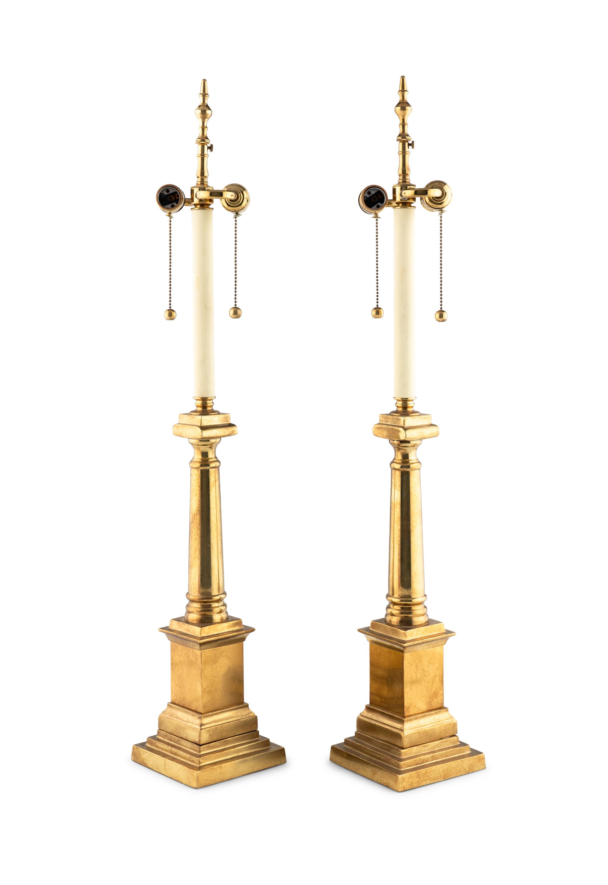 A Pair of Brass Columnar Lamps