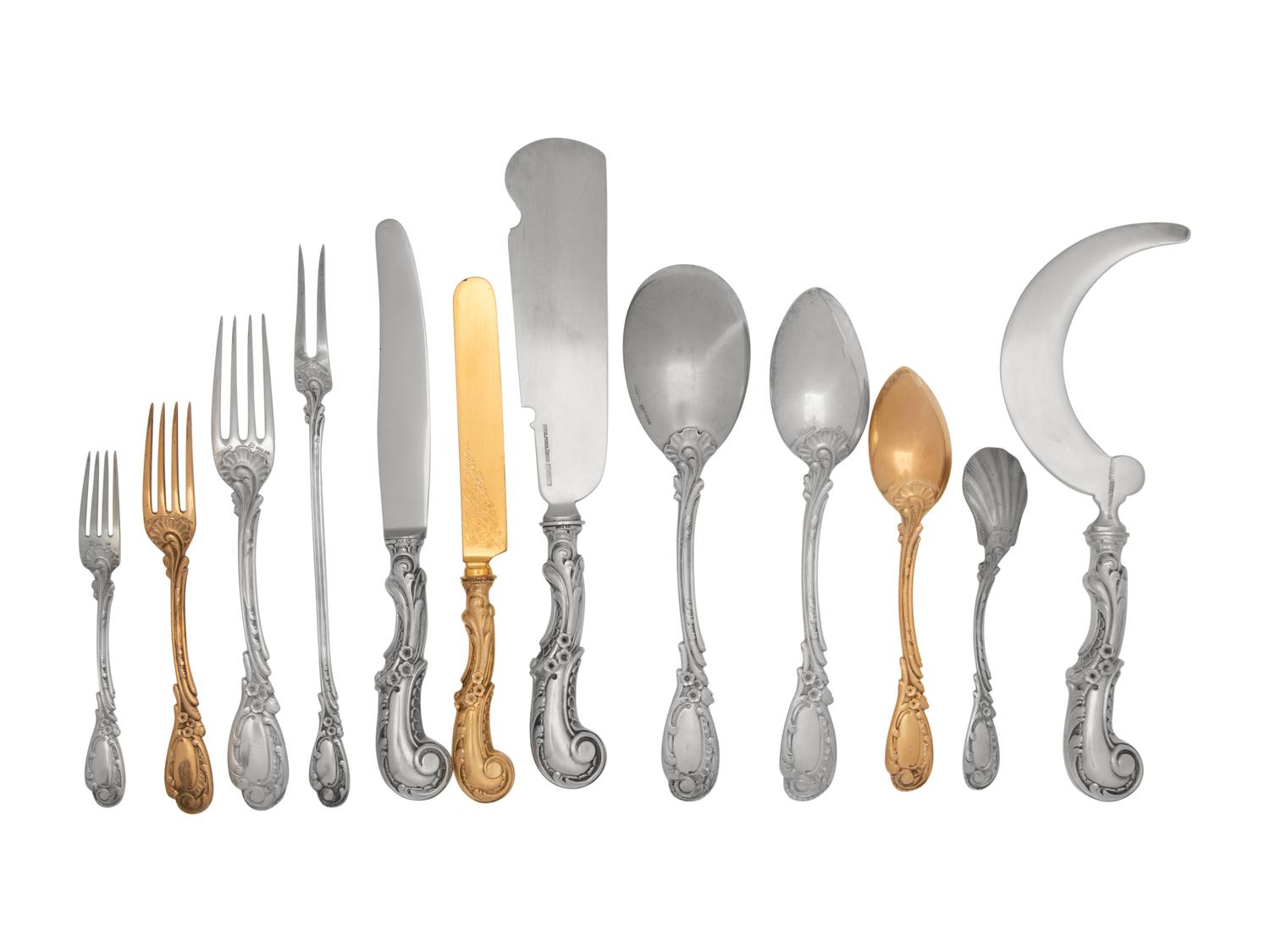 A Continental Silver-Gilt Flatware Service