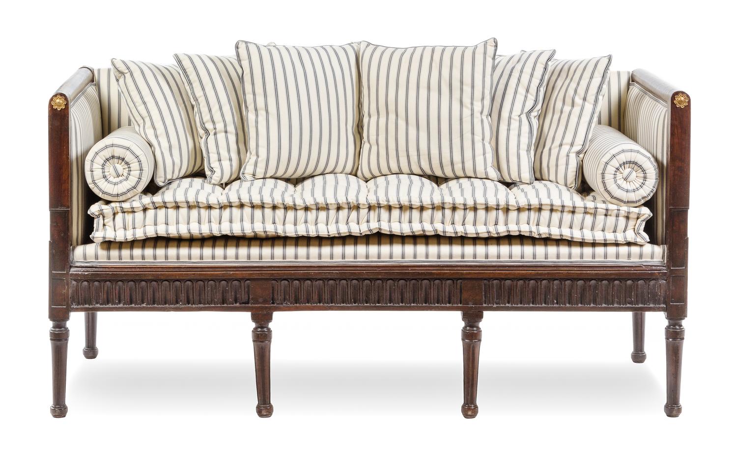 An Italian Gilt Metal Mounted Walnut Settee Height 32 x width 60 1/2 x depth 25 1/2 inches. — 19TH CENTURY